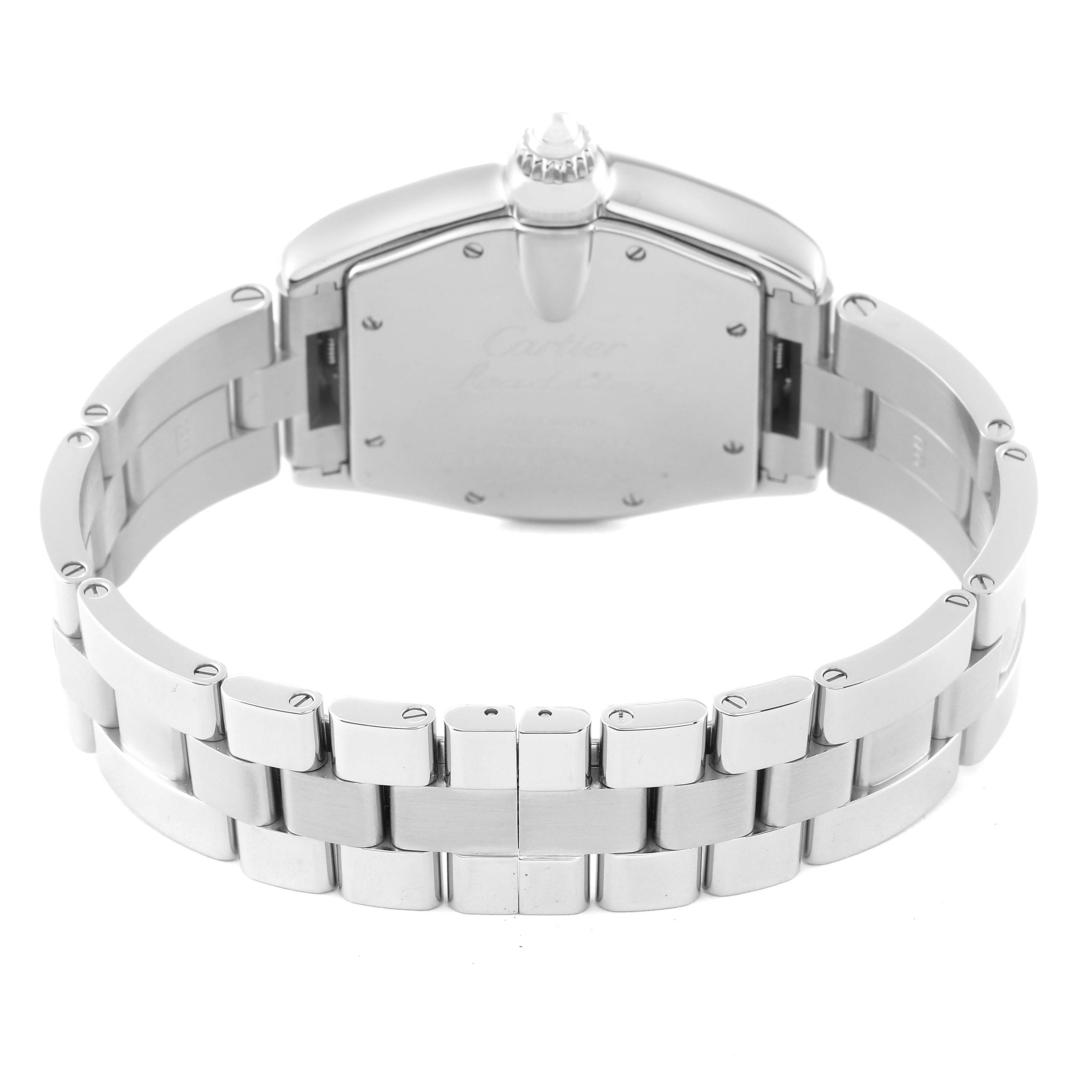 The image shows the back view of a Cartier Roadster W62041V3 Men's Stainless Steel Black Dial W62041V3 Men's Stainless Steel Black Dial watch, highlighting its bracelet and case.