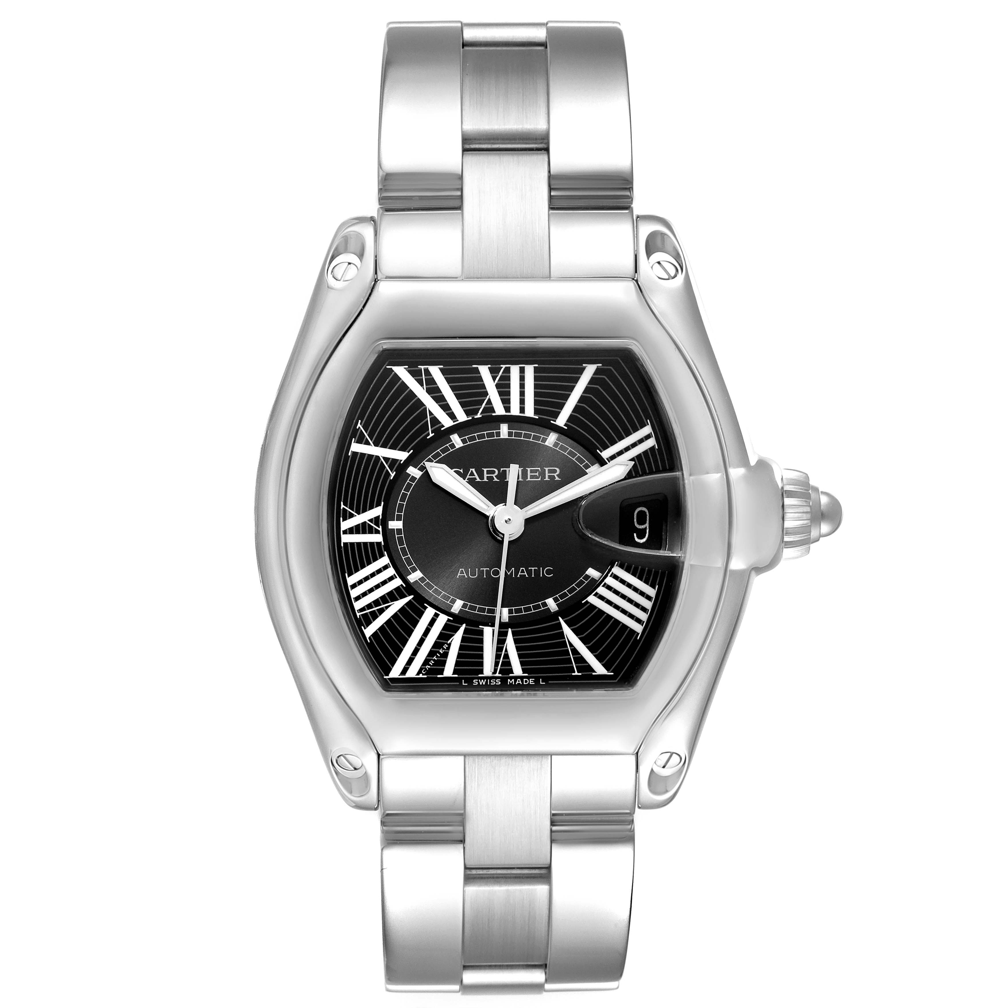 The image shows a front view of the Cartier Roadster W62041V3 Men's Stainless Steel Black Dial W62041V3 Men's Stainless Steel Black Dial watch, showcasing its dial, bracelet, and bezel.