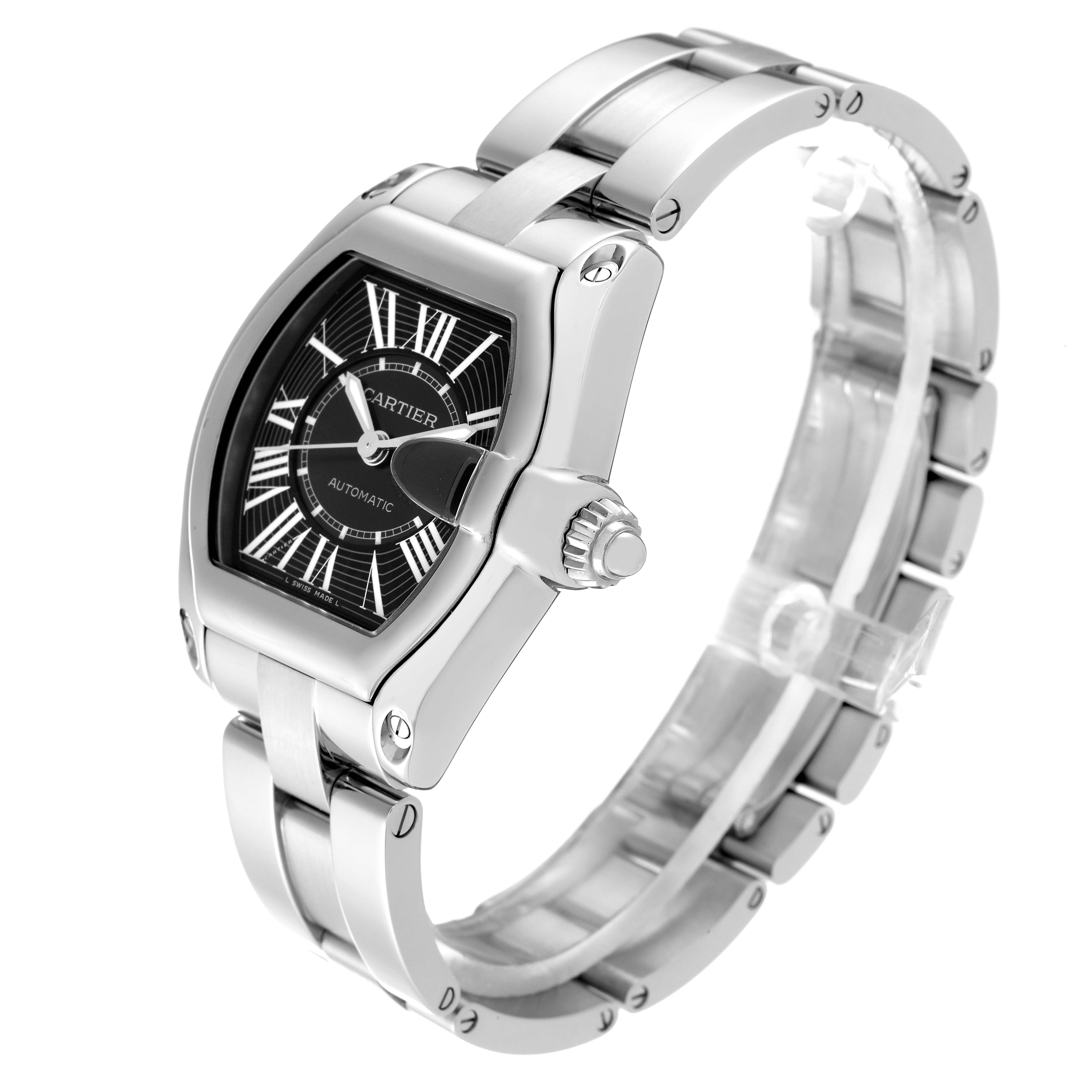 This image shows a Cartier Roadster W62041V3 Men's Stainless Steel Black Dial W62041V3 Men's Stainless Steel Black Dial watch angled from the side, highlighting its case, dial, bracelet, and crown.