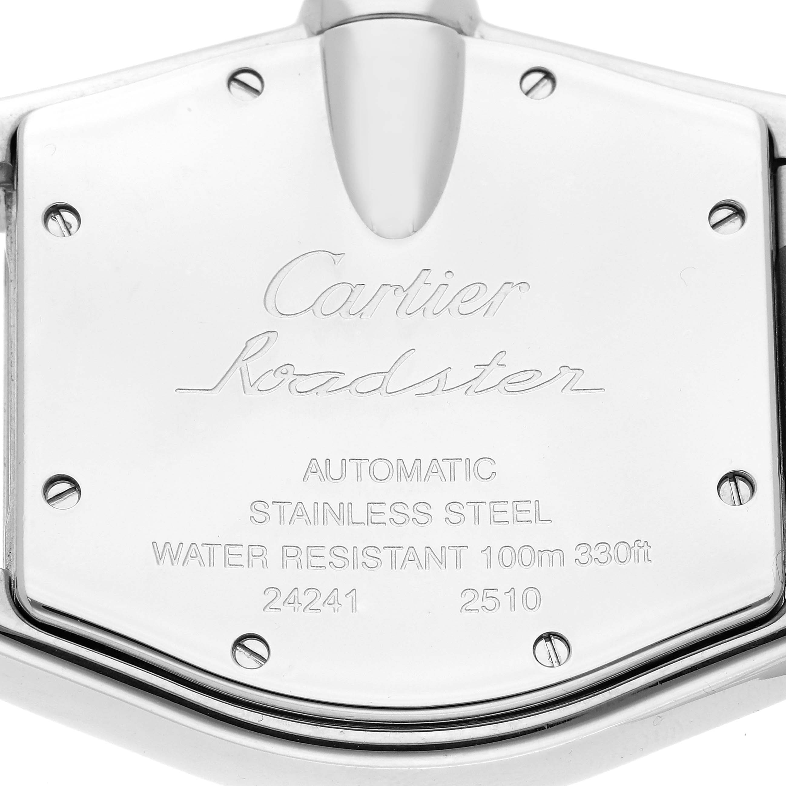 The image shows a close-up of the back case of a Cartier Roadster W62041V3 Men's Stainless Steel Black Dial W62041V3 Men's Stainless Steel Black Dial watch, highlighting the engraved details.