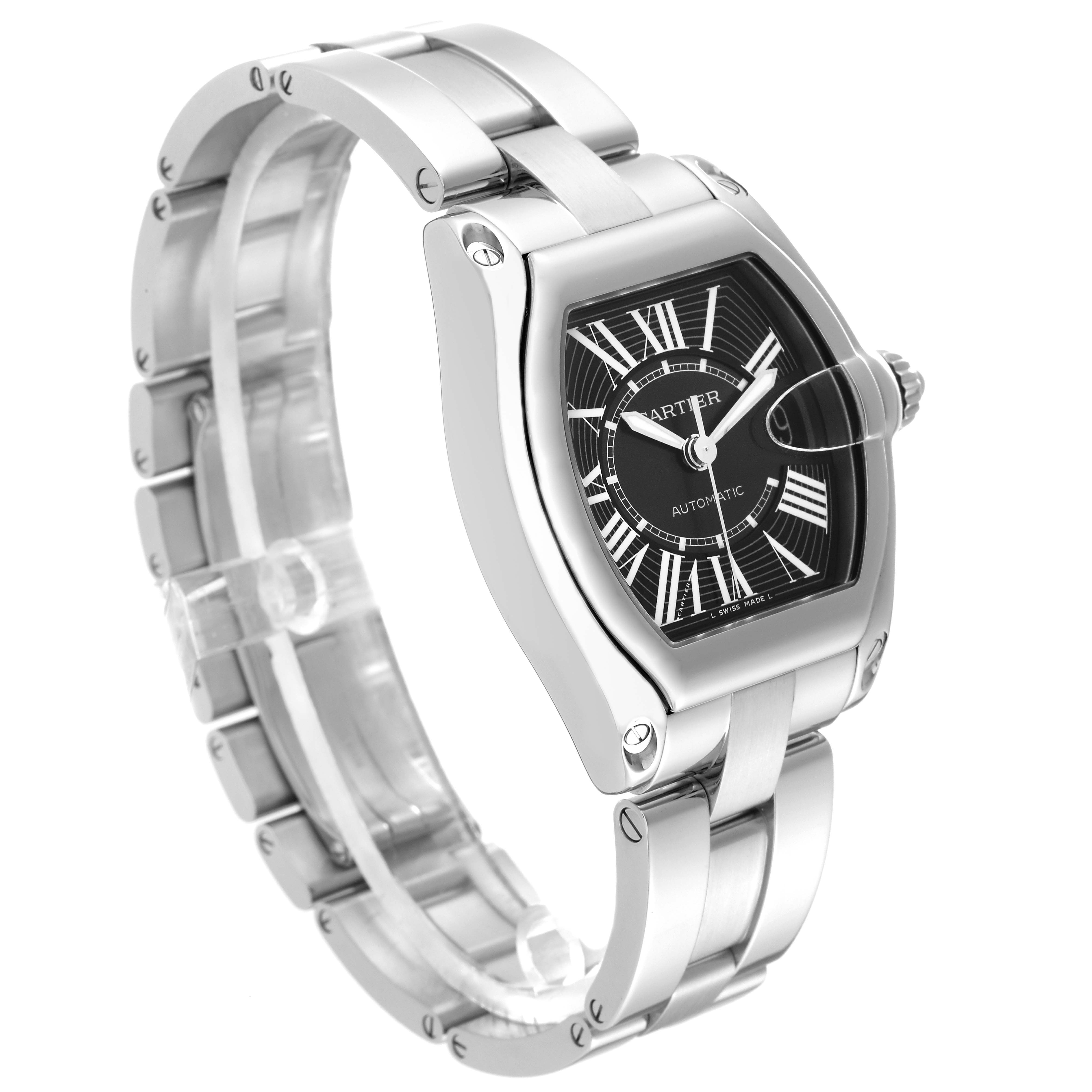 The image shows a Cartier Roadster W62041V3 Men's Stainless Steel Black Dial W62041V3 Men's Stainless Steel Black Dial watch at a three-quarter angle, highlighting its case, bezel, dial, bracelet, and crown.