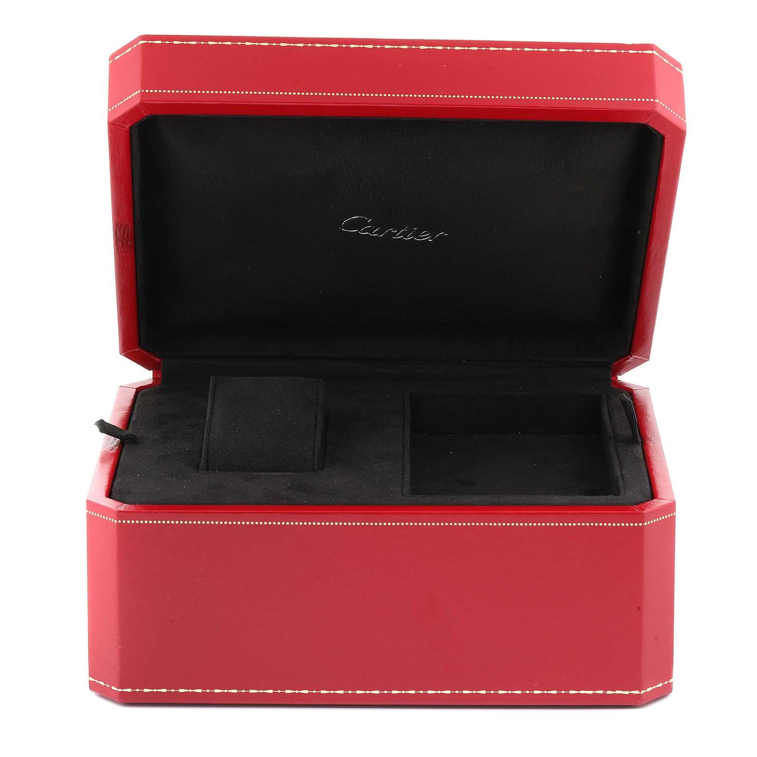 This image shows an empty red Cartier Roadster W62019X6 Men
s Stainless Steel Silver Dial W62019X6 Men
s Stainless Steel Silver Dial watch box with its lid open, revealing compartments for the watch and accessories.