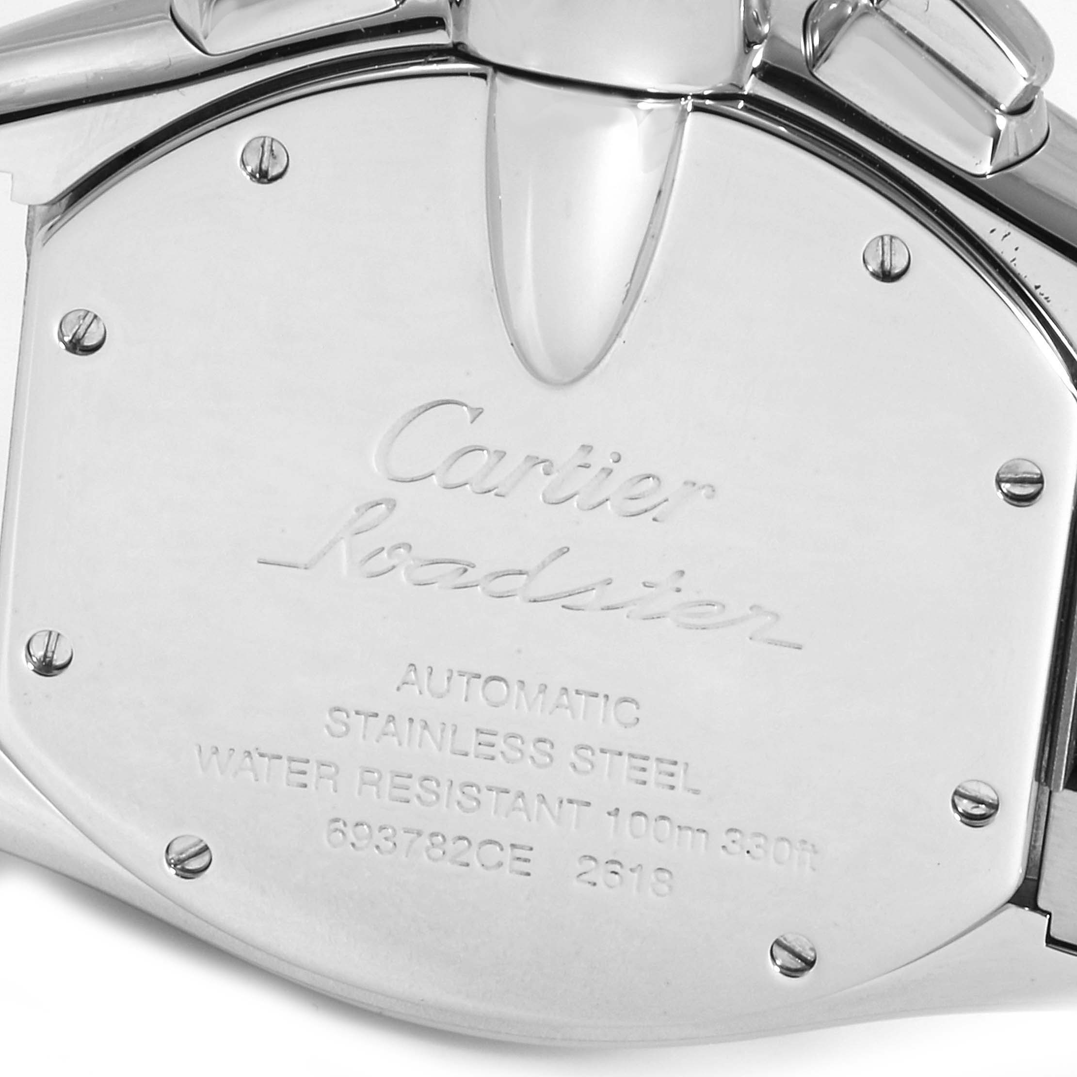The image shows the back cover, clasp, and part of the bracelet of a Cartier Roadster W62019X6 Men
s Stainless Steel Silver Dial W62019X6 Men
s Stainless Steel Silver Dial watch.