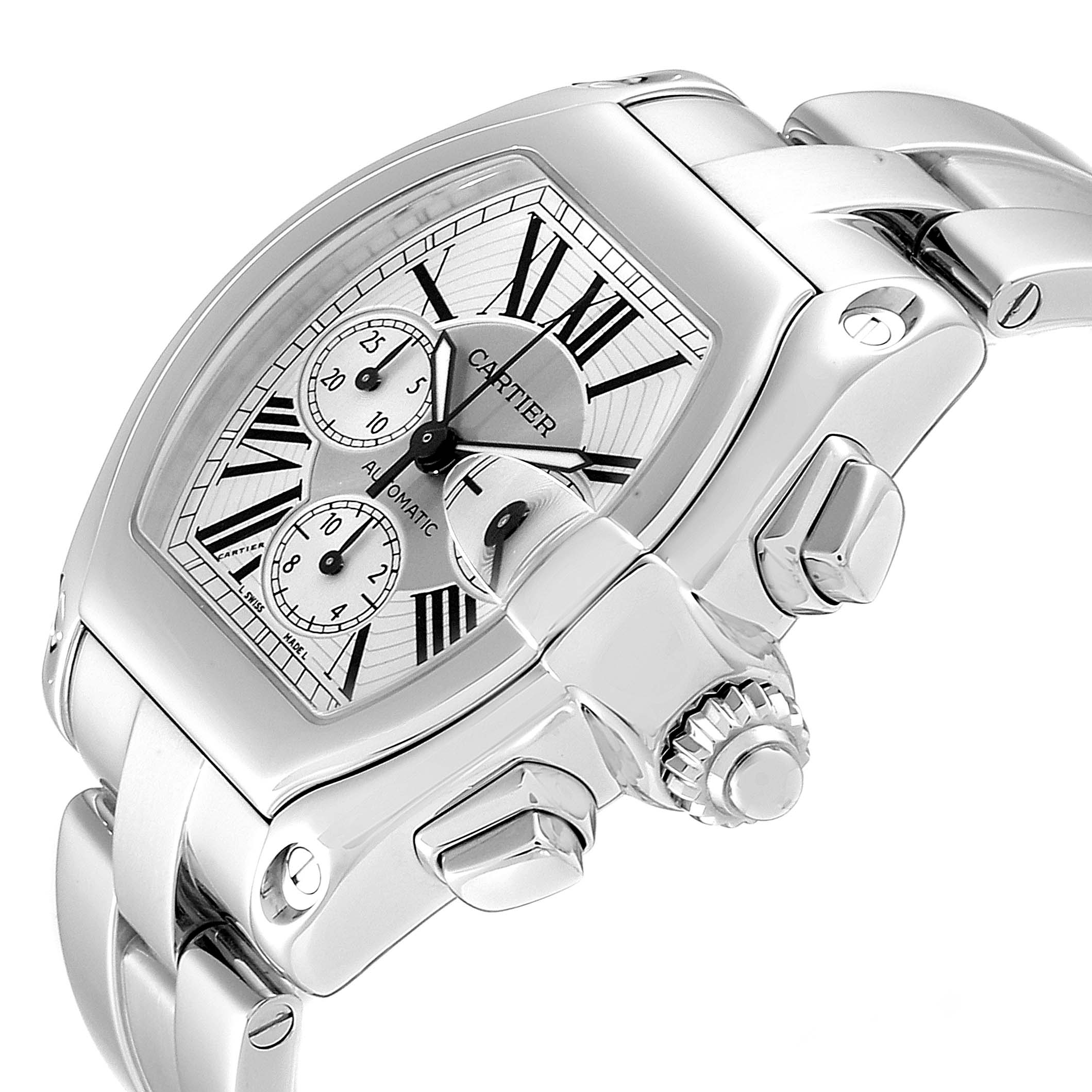 This image shows a side-angle view of the Cartier Roadster W62019X6 Men
s Stainless Steel Silver Dial W62019X6 Men
s Stainless Steel Silver Dial watch, highlighting its stainless steel case, dial, and crown.