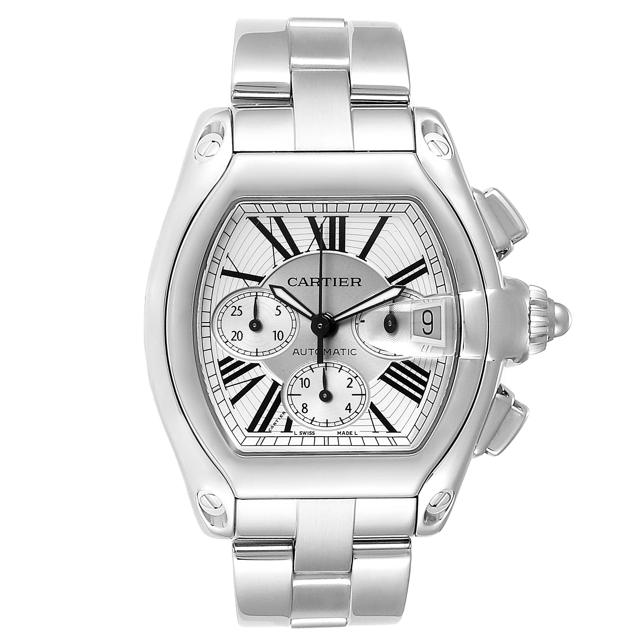 The image shows a front view of the Cartier Roadster W62019X6 Men
s Stainless Steel Silver Dial W62019X6 Men
s Stainless Steel Silver Dial watch, highlighting its face, dials, and metal bracelet.