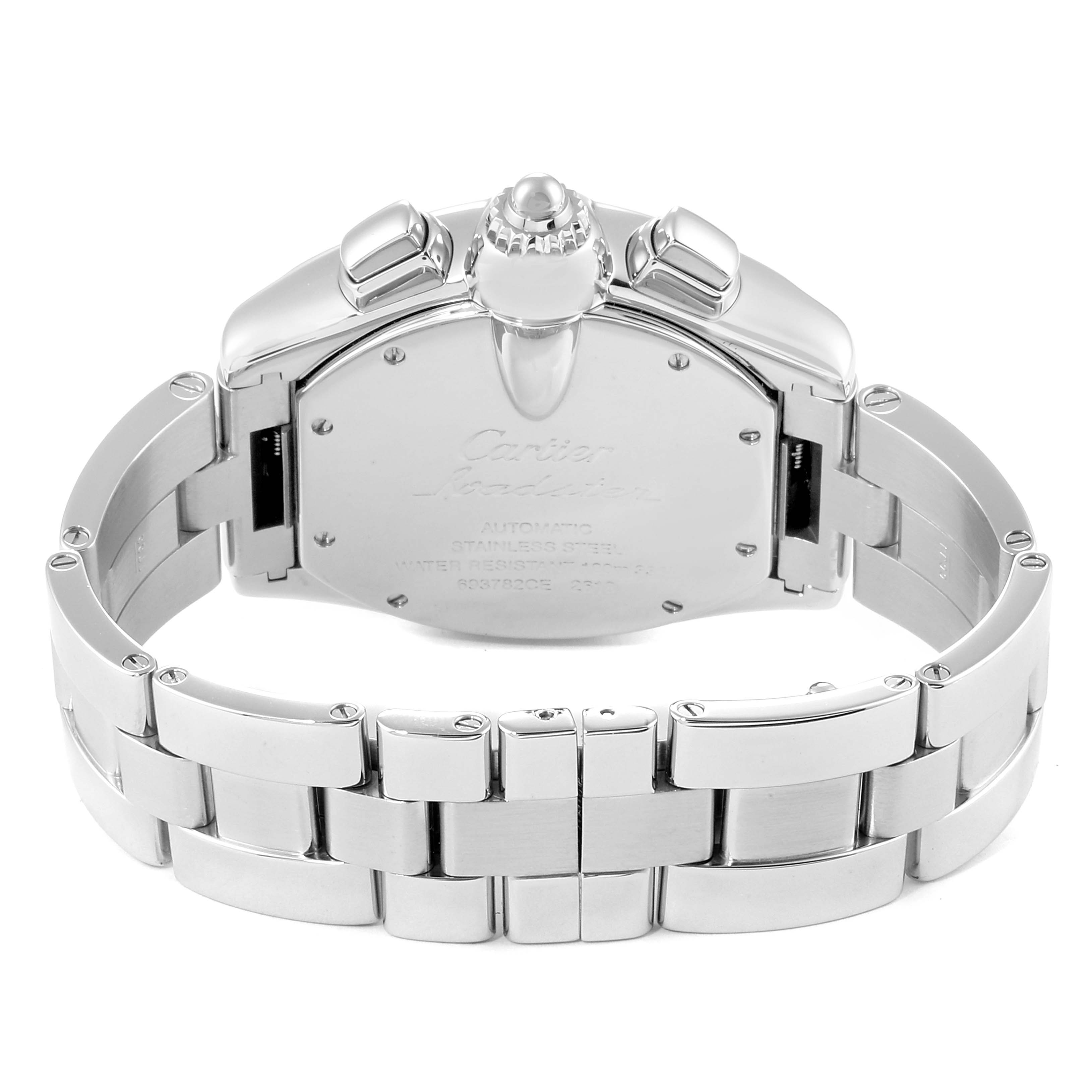 The image shows the back case and bracelet of a Cartier Roadster W62019X6 Men
s Stainless Steel Silver Dial W62019X6 Men
s Stainless Steel Silver Dial watch from a rear angle.