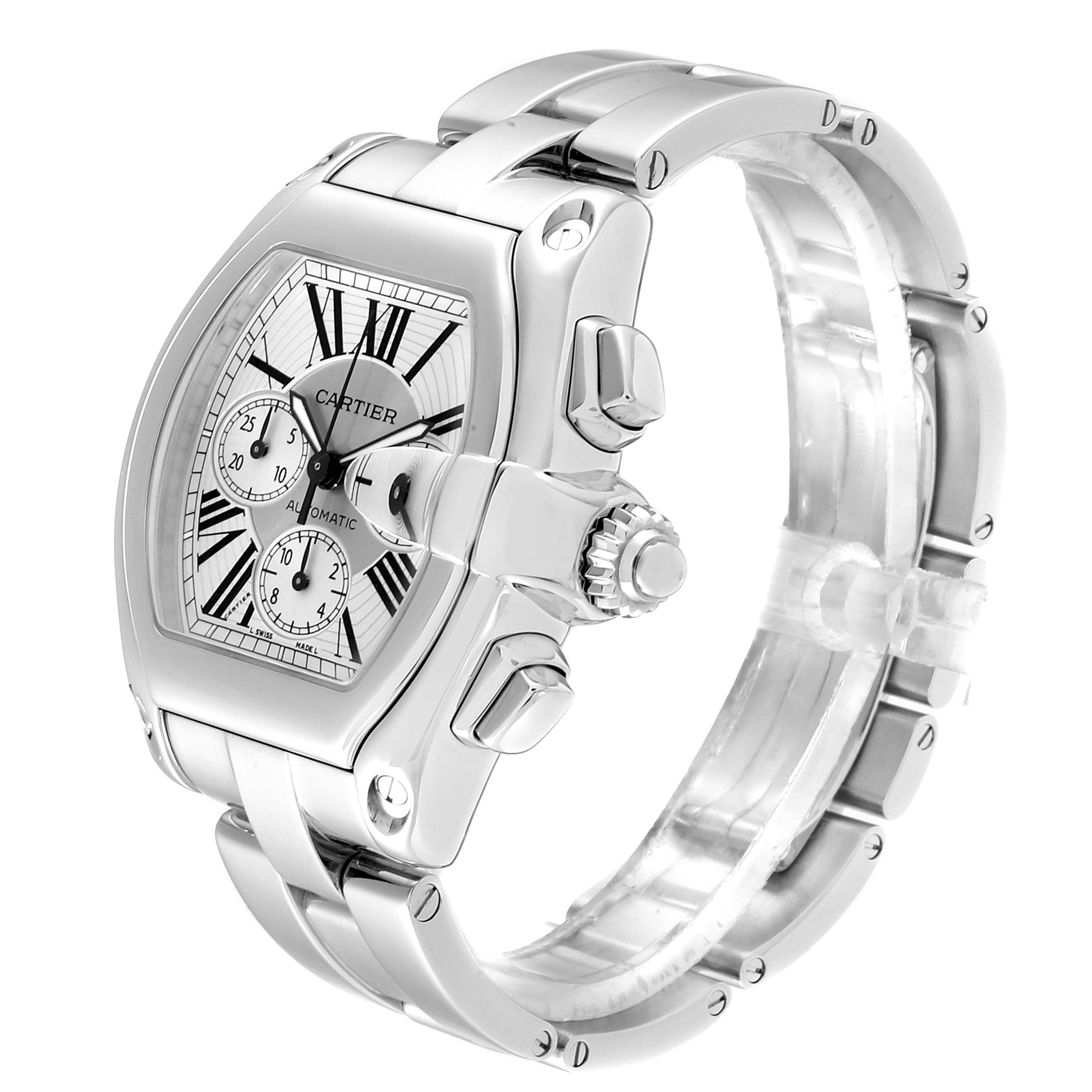 The image shows a Cartier Roadster W62019X6 Men
s Stainless Steel Silver Dial W62019X6 Men
s Stainless Steel Silver Dial watch angled to display its face, crown, buttons, and metallic bracelet.