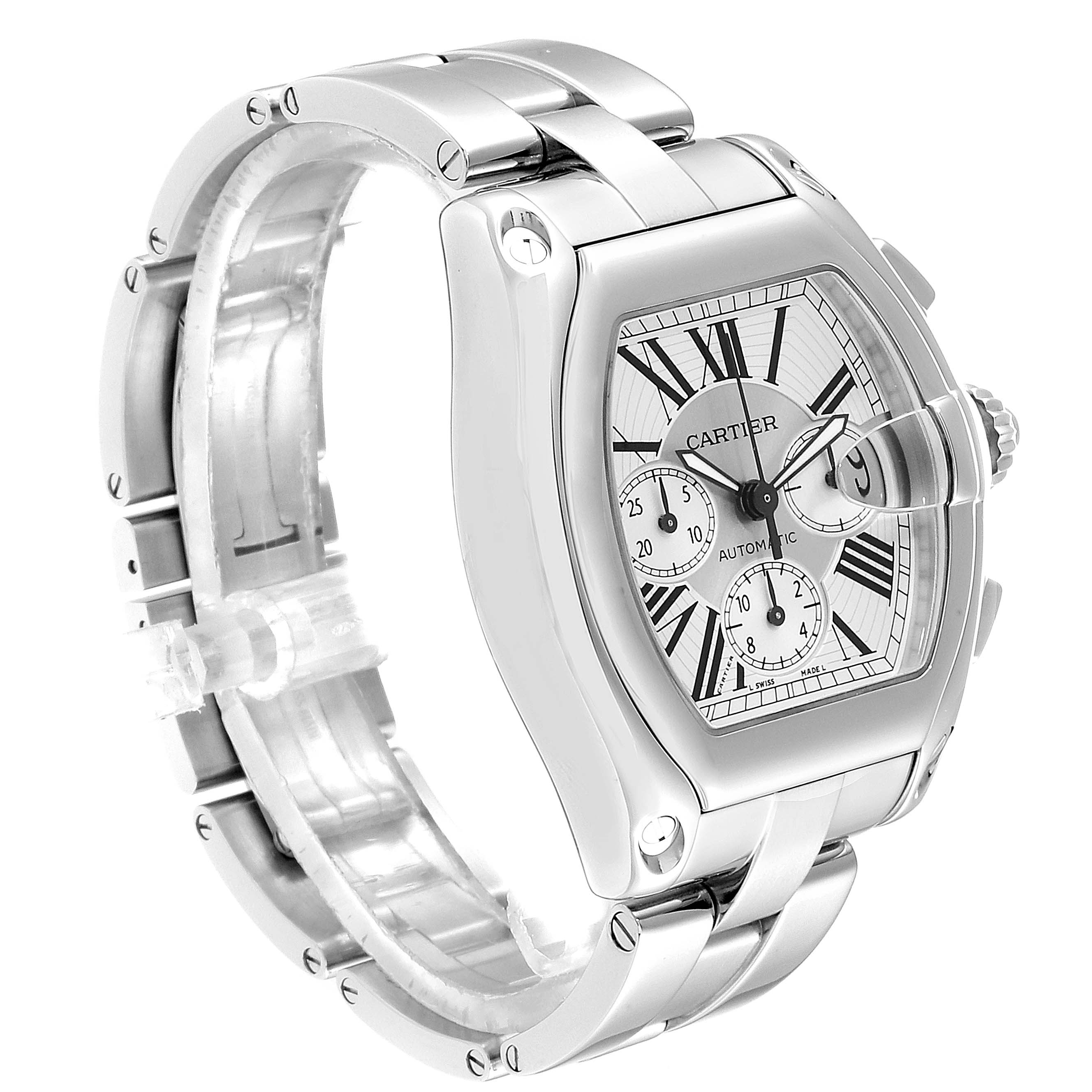 The image shows a side-angle view of the Cartier Roadster W62019X6 Men
s Stainless Steel Silver Dial W62019X6 Men
s Stainless Steel Silver Dial watch, highlighting its face, bracelet, and clasp.