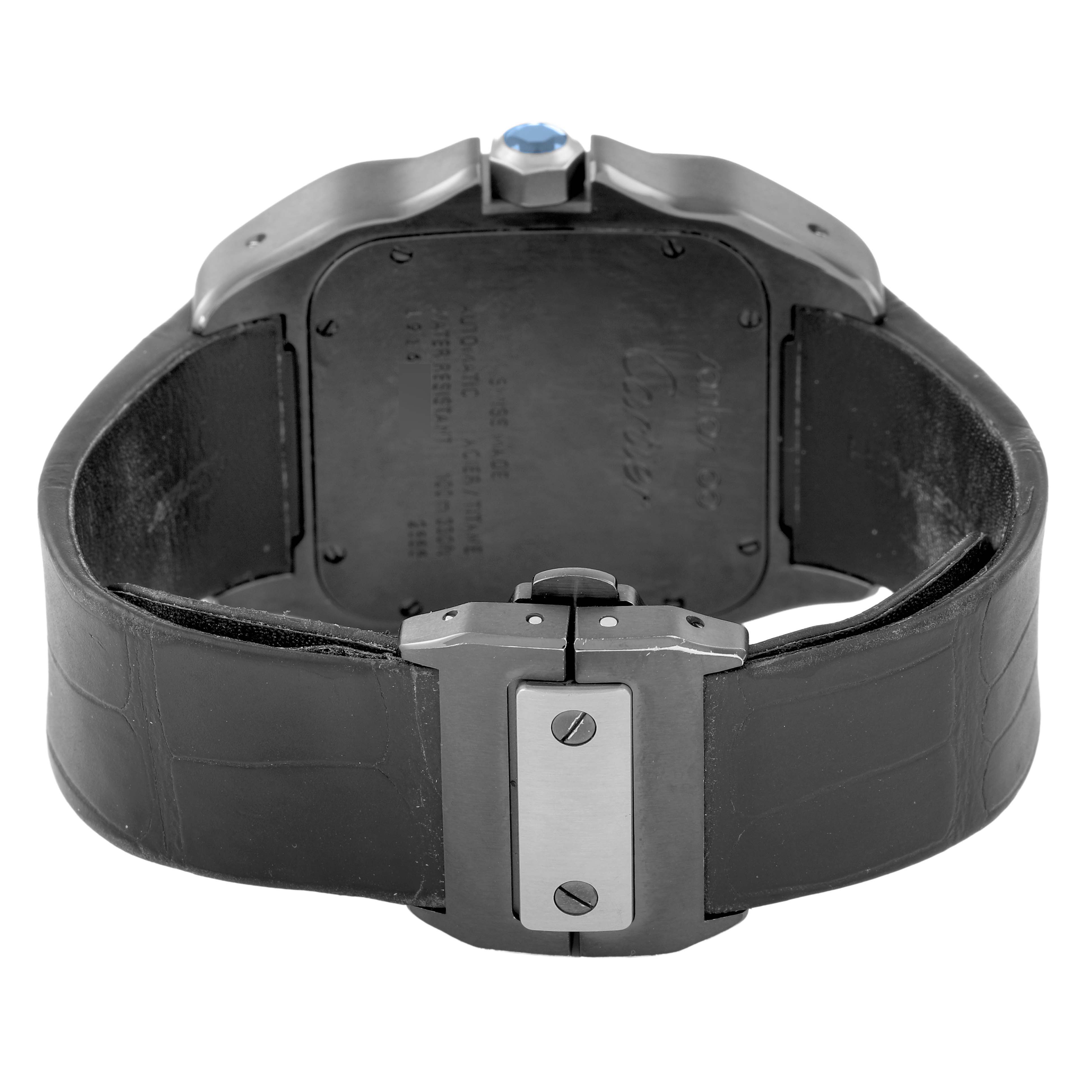 The image shows the back view of a Cartier Santos W2020010 Men's Stainless Steel Black Dial watch, highlighting the clasp, case back, and crown.
