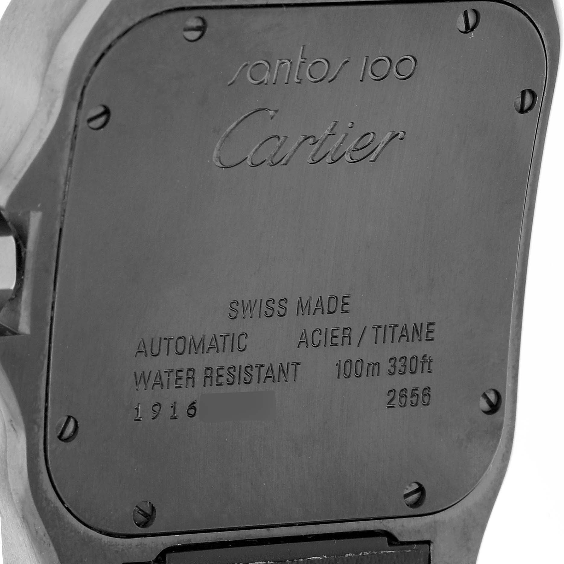The image shows the back of a Cartier Santos W2020010 Men's Stainless Steel Black Dial 100 watch, highlighting its engravings and screws.