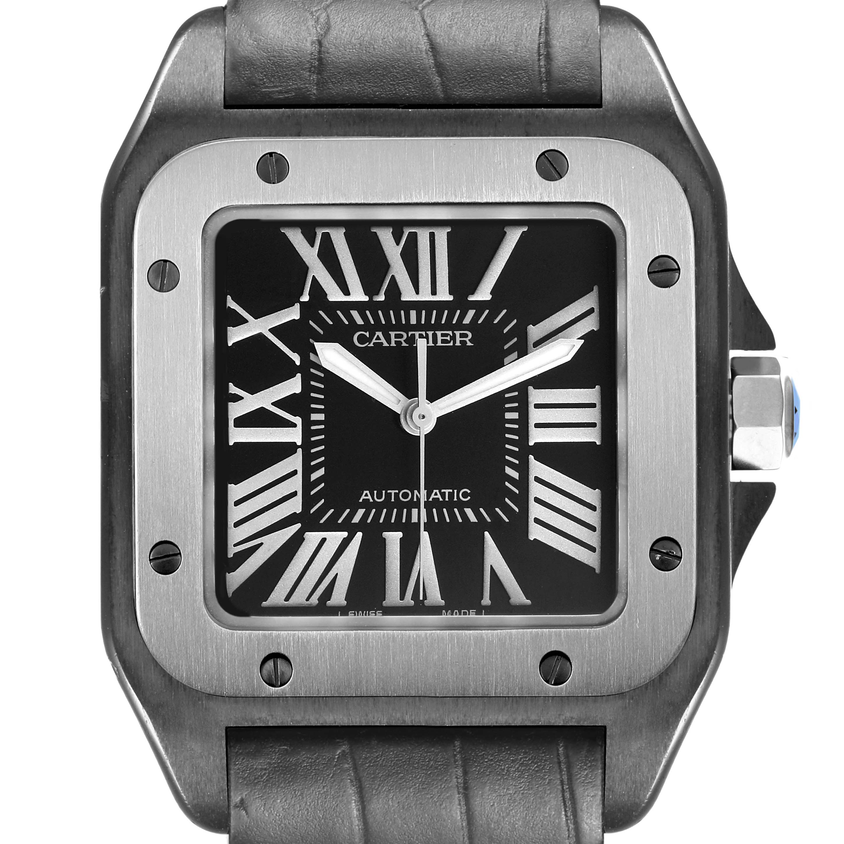 The Cartier Santos W2020010 Men's Stainless Steel Black Dial watch is shown from a front angle, featuring its square case, black dial, Roman numerals, and crown detail.