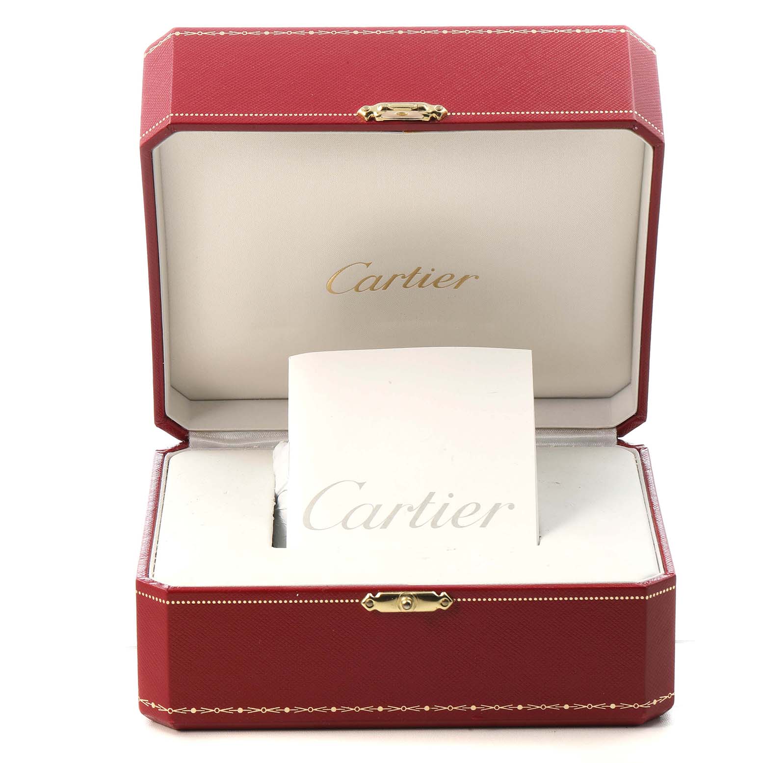 The image shows a Cartier Santos W2020010 Men's Stainless Steel Black Dial watch box, open to reveal the brand logo.