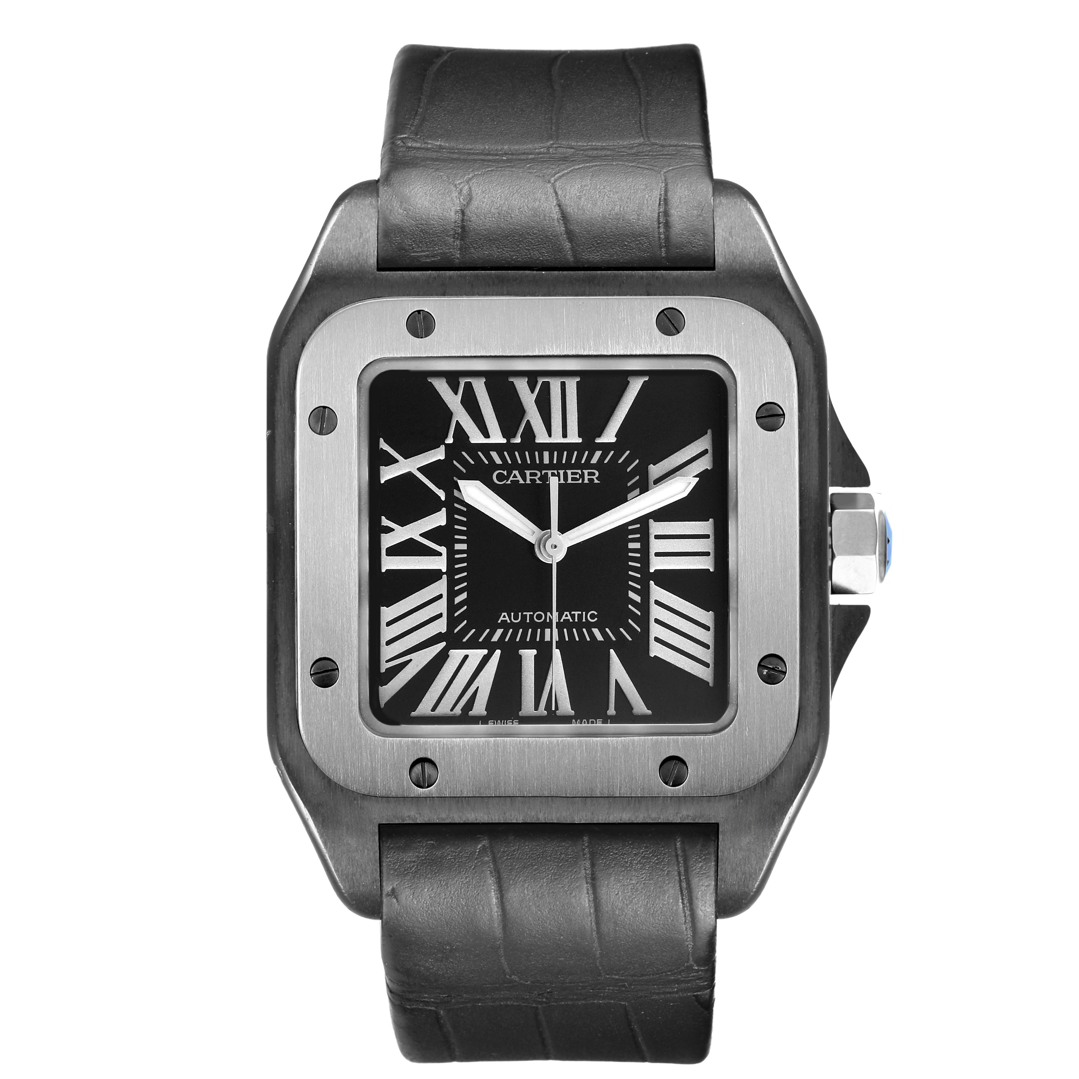 The image shows a front view of the Cartier Santos W2020010 Men's Stainless Steel Black Dial watch, highlighting the face, bezel, and black strap.