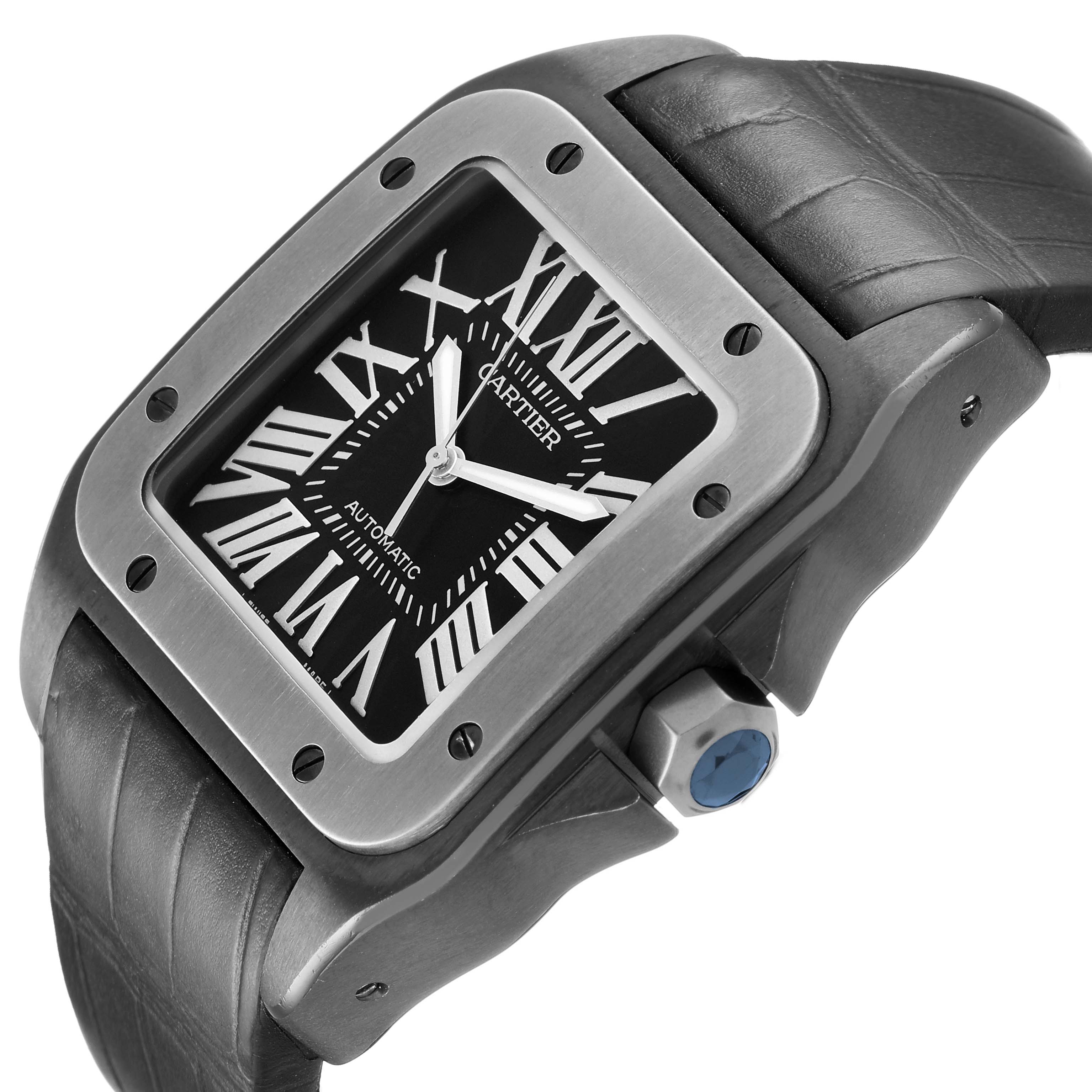 The Cartier Santos W2020010 Men's Stainless Steel Black Dial watch is shown from an angled side view, highlighting its case, bezel, crown, and part of the strap.