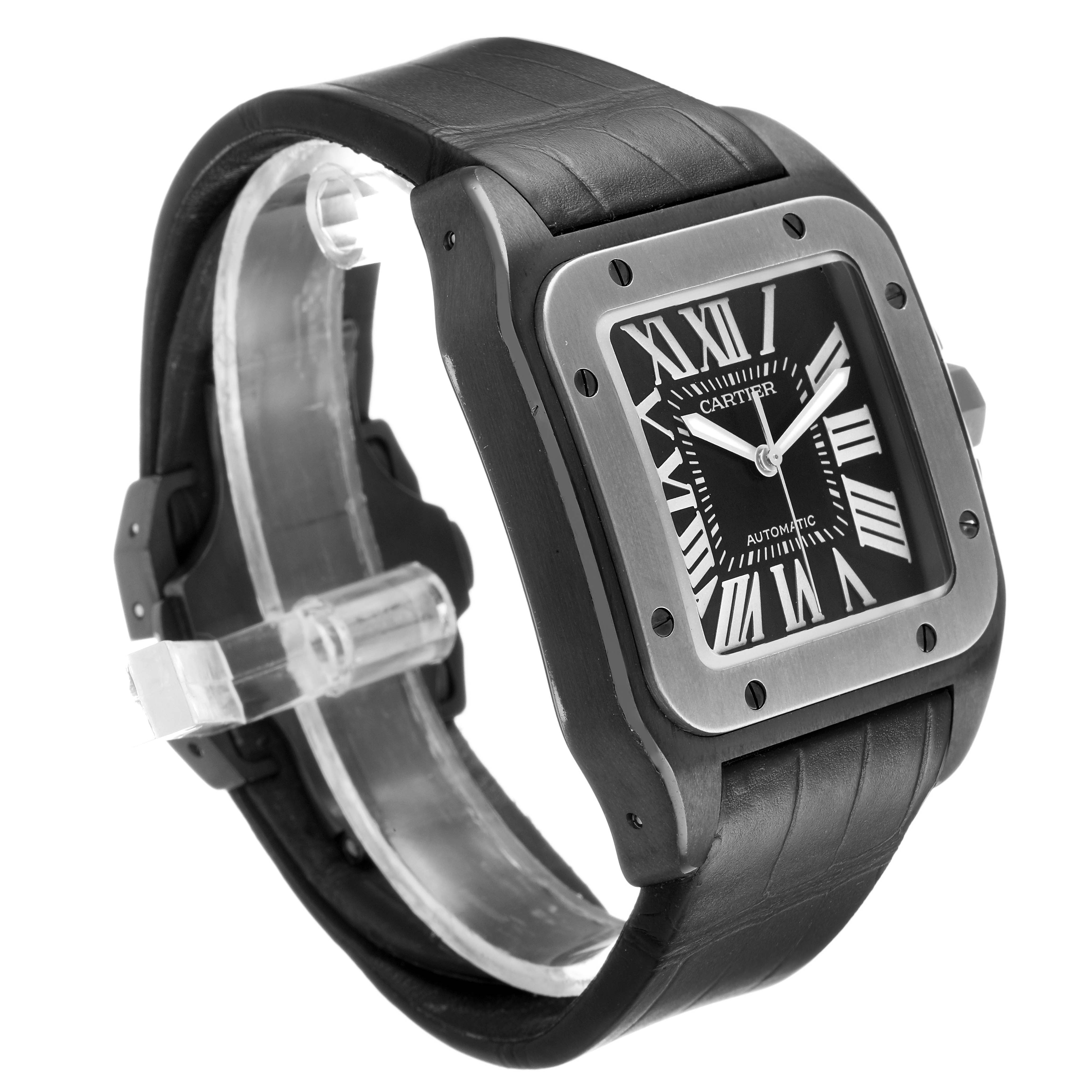 The Cartier Santos W2020010 Men's Stainless Steel Black Dial watch is shown from a slight low angle, highlighting the bezel, dial, and leather strap.