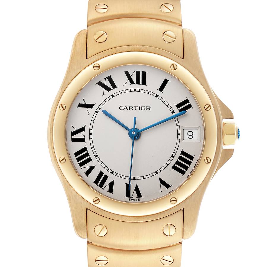 The image shows a front view of a Cartier Santos watch, highlighting its round dial, blue hands, and bracelet with screws.