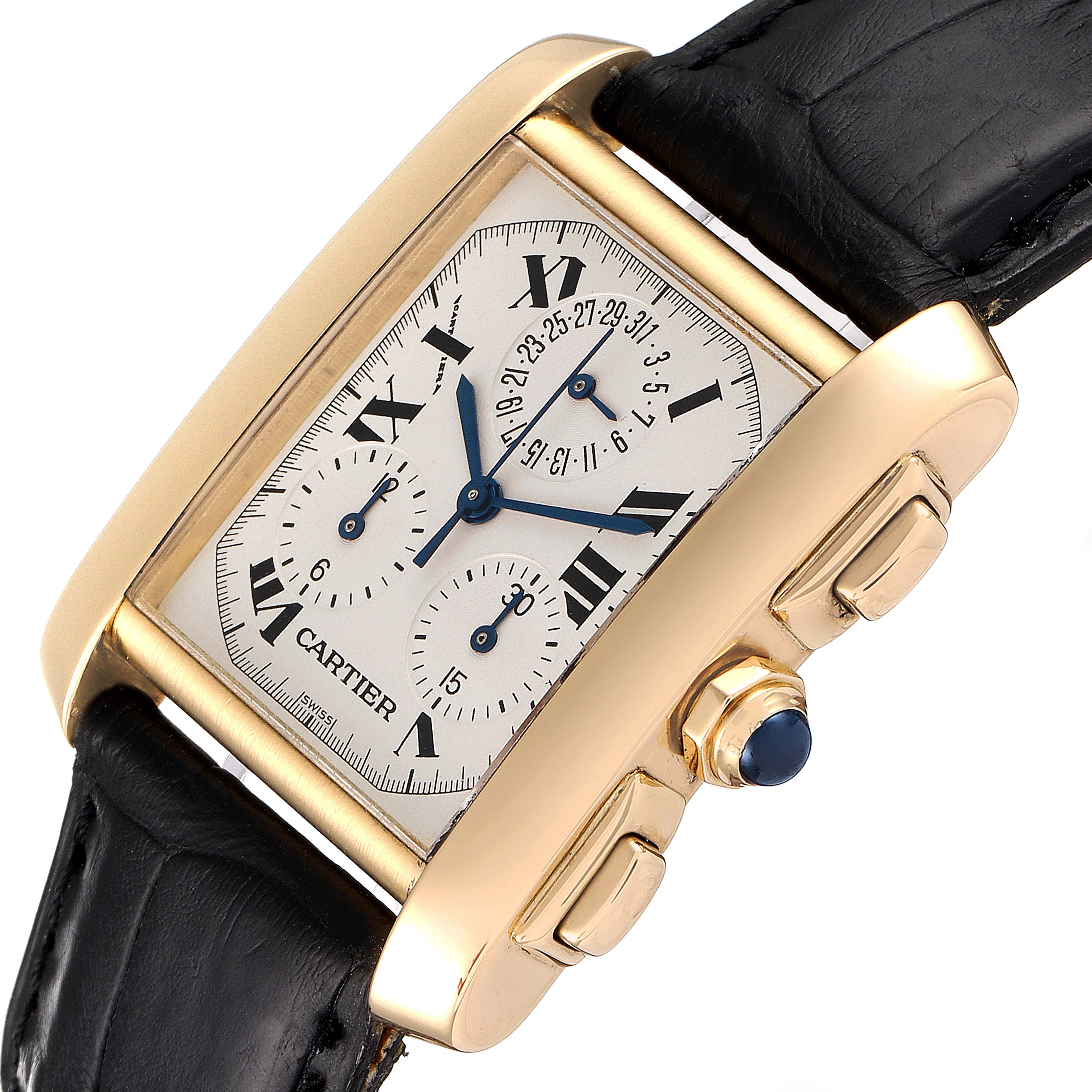This image shows a Cartier Tank Française watch at an angled view, featuring its dial, crown, and strap.