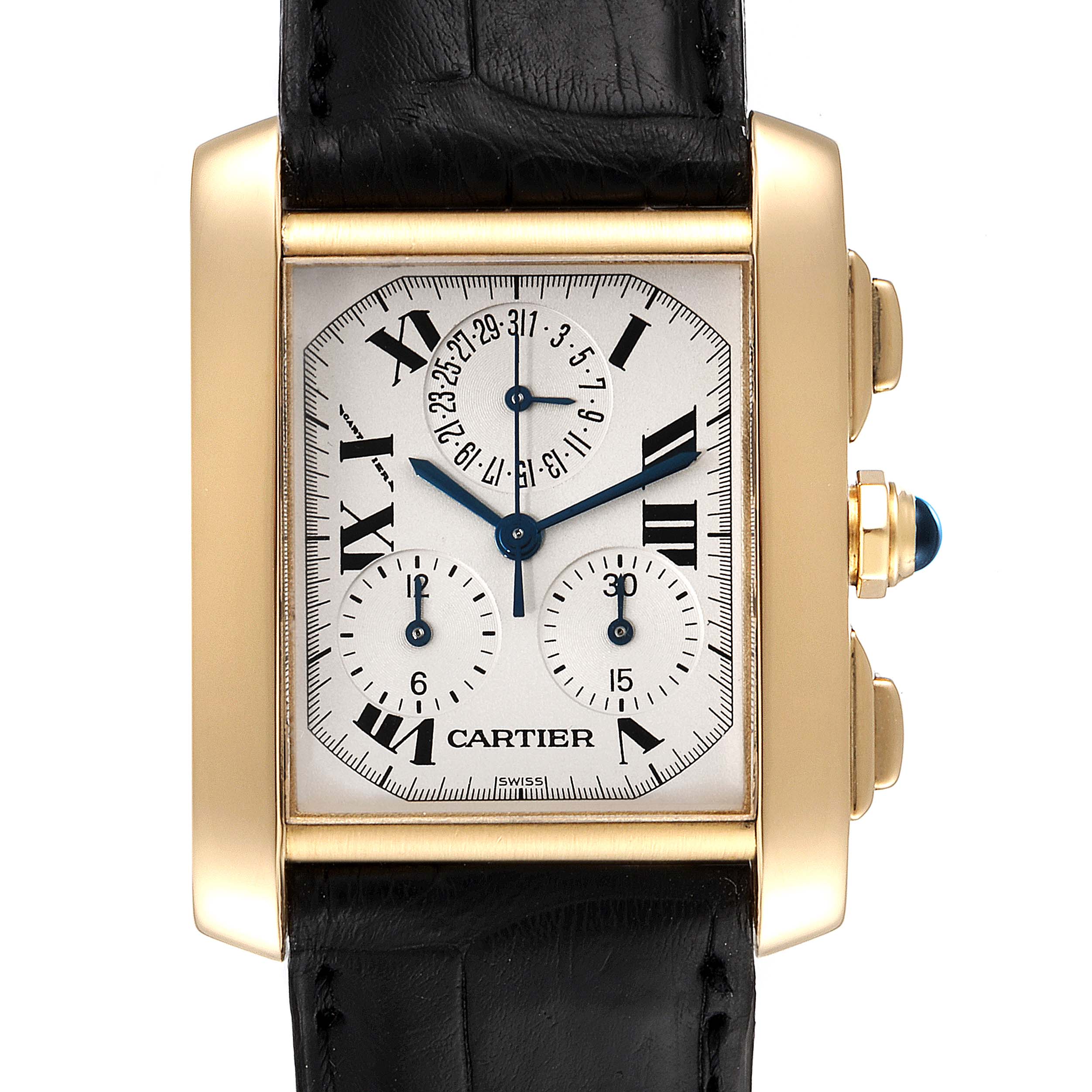 The Cartier Tank Francaise W5000556 Men's Yellow Gold Silver Dial W5000556 Men's Yellow Gold Silver Dial watch is shown from a top-down angle, highlighting its rectangular face, Roman numerals, and black leather strap.