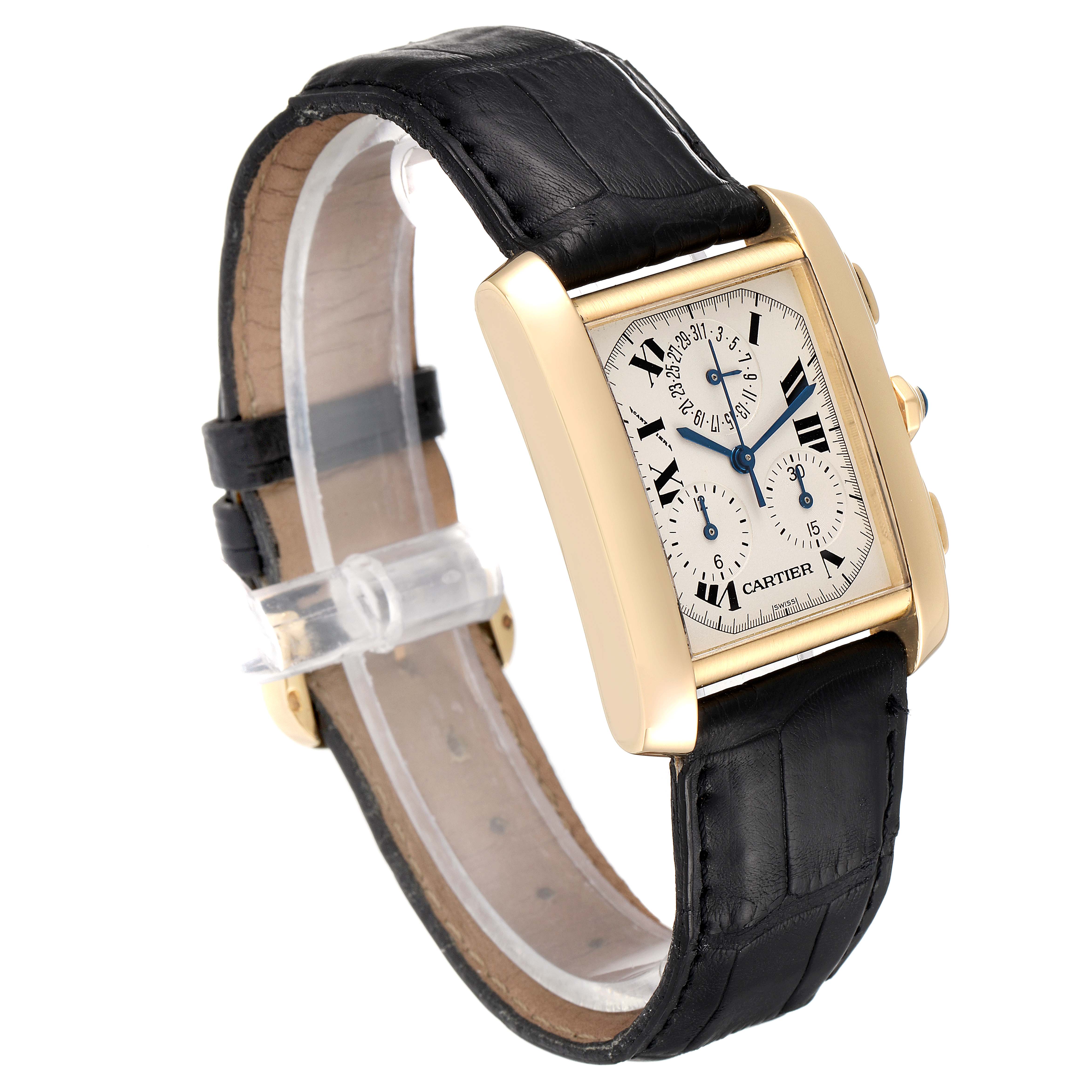The image shows a Cartier Tank Francaise W5000556 Men's Yellow Gold Silver Dial W5000556 Men's Yellow Gold Silver Dial watch at a three-quarter angle, highlighting its face, strap, and side buttons.