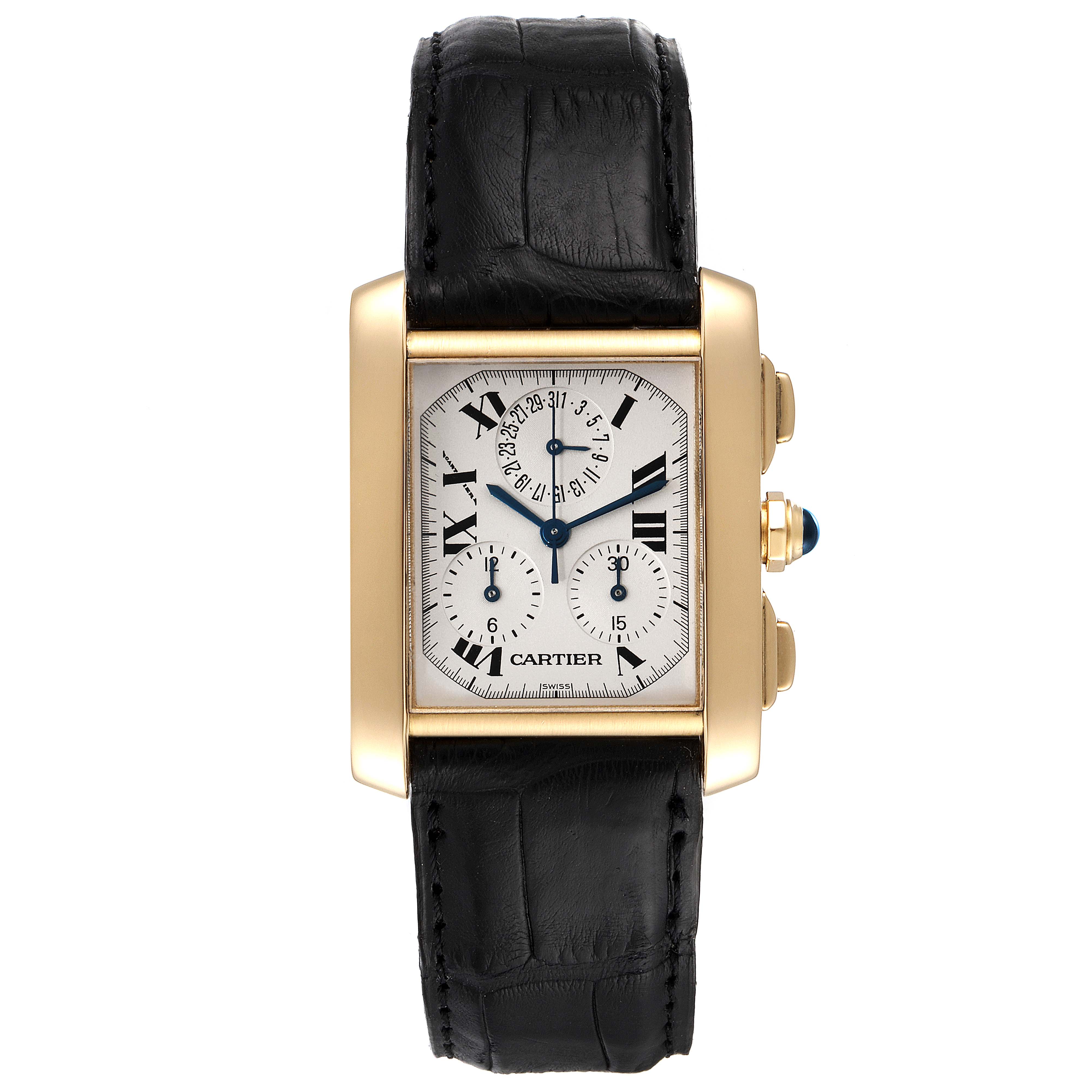 The Cartier Tank Francaise W5000556 Men's Yellow Gold Silver Dial W5000556 Men's Yellow Gold Silver Dial watch is shown from a top-down angle, displaying its face, gold case, black leather strap, and side buttons.