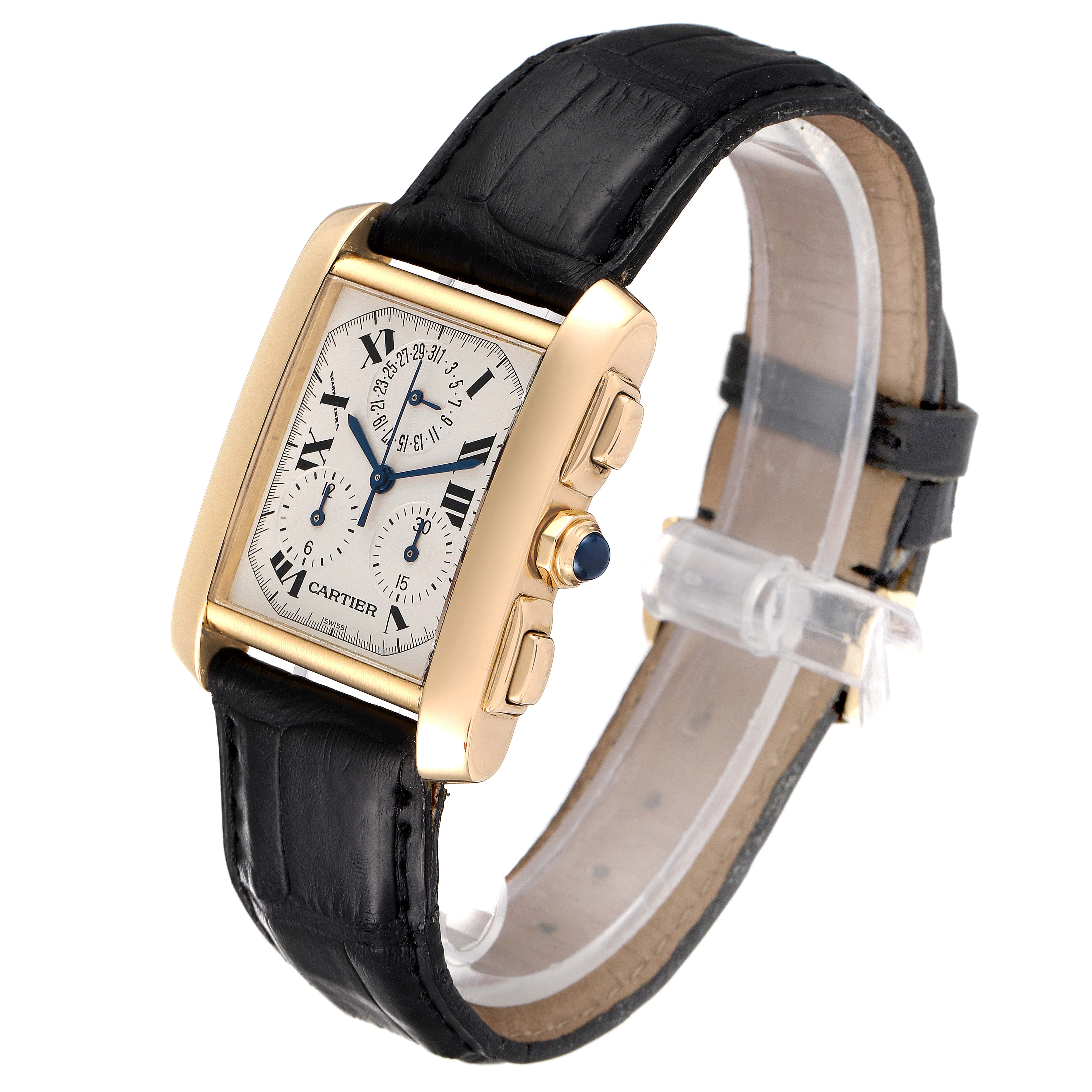 This image shows a front and angled side view of a Cartier Tank Francaise W5000556 Men's Yellow Gold Silver Dial W5000556 Men's Yellow Gold Silver Dial watch with a gold case and black leather strap.