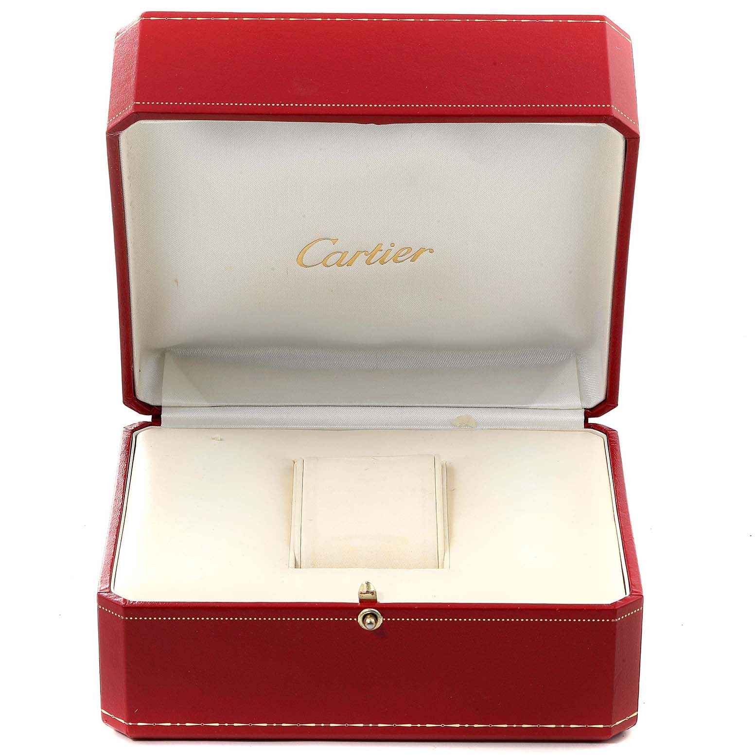 The image shows an open red Cartier watch box for the Tank Francaise model, displaying the interior cushion.