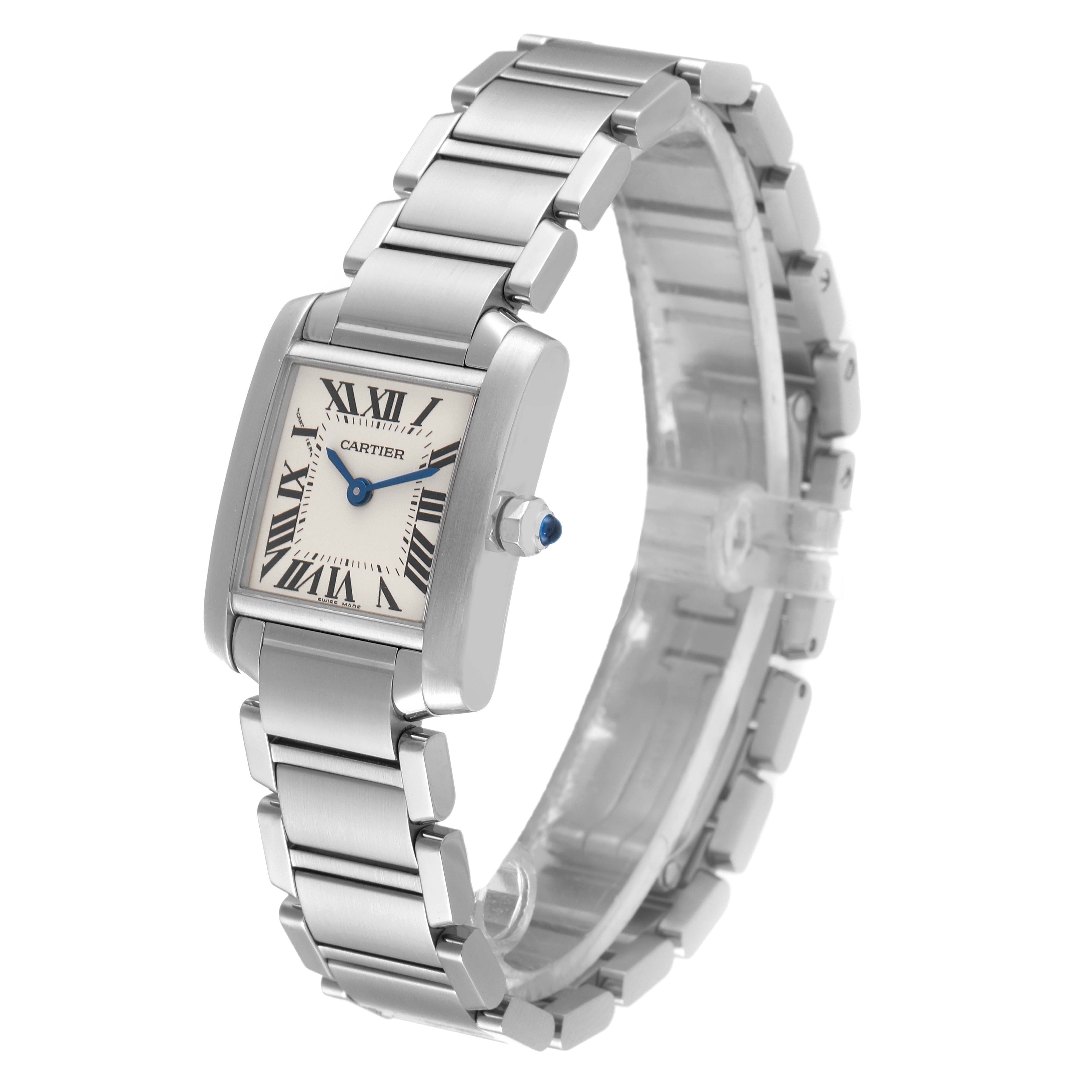 The image shows a Cartier Tank Française watch at a three-quarter angle, highlighting the face, bracelet, and crown.