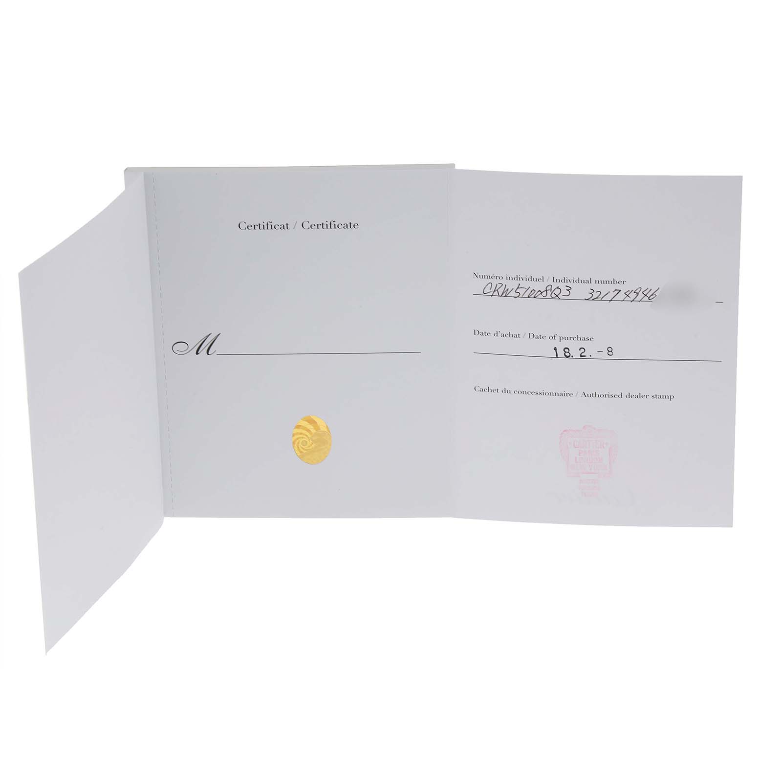 The image shows an open warranty certificate for the Cartier Tank Francaise W51008Q3 Women's Stainless Steel Silver Dial W51008Q3 Women's Stainless Steel Silver Dial watch model.