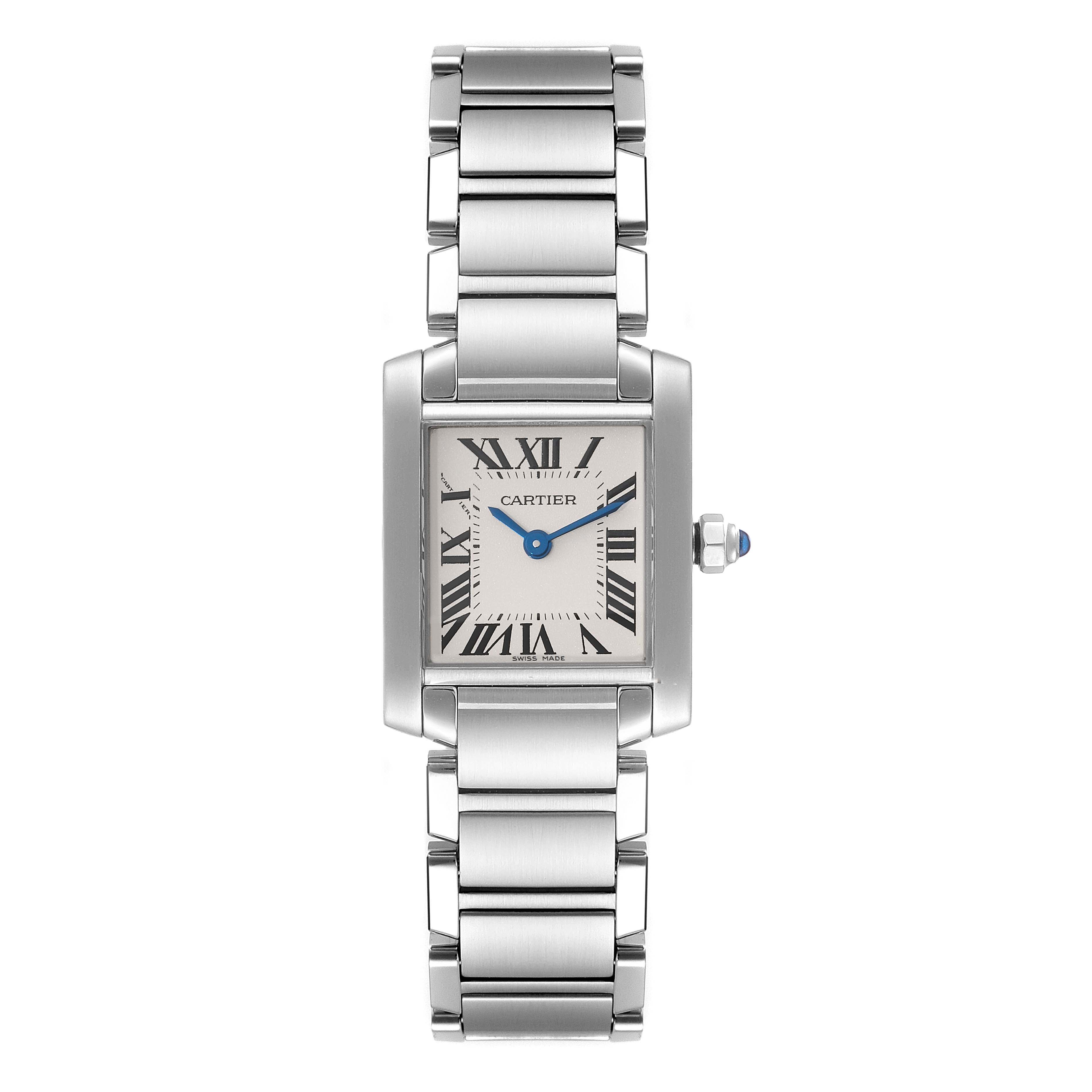 The image shows a front view of a Cartier Tank Francaise W51008Q3 Women's Stainless Steel Silver Dial W51008Q3 Women's Stainless Steel Silver Dial watch, displaying its rectangular face, Roman numerals, and a metal bracelet.
