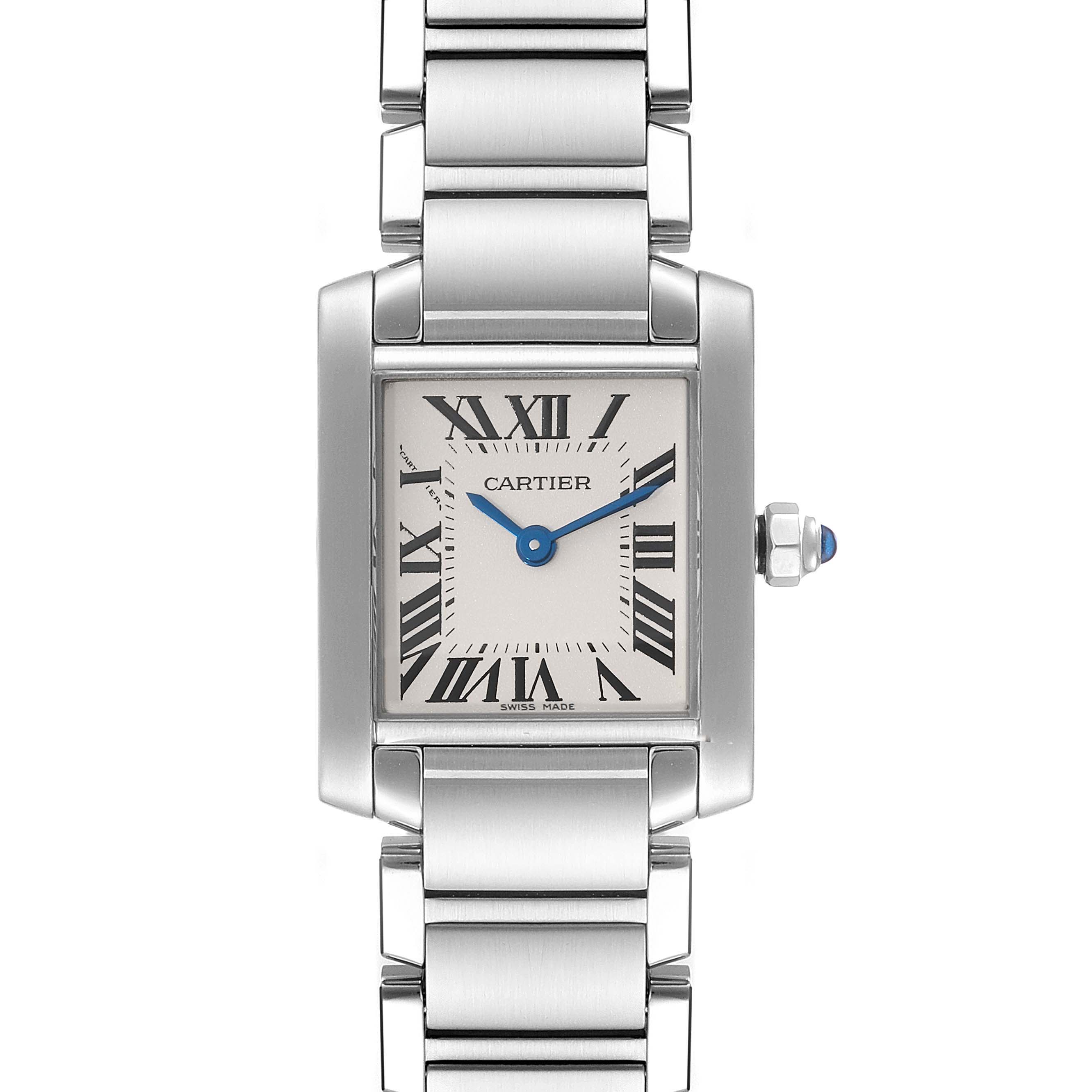 The image shows a front view of a Cartier Tank Francaise W51008Q3 Women's Stainless Steel Silver Dial W51008Q3 Women's Stainless Steel Silver Dial watch, highlighting its face, Roman numerals, bracelet, and crown.