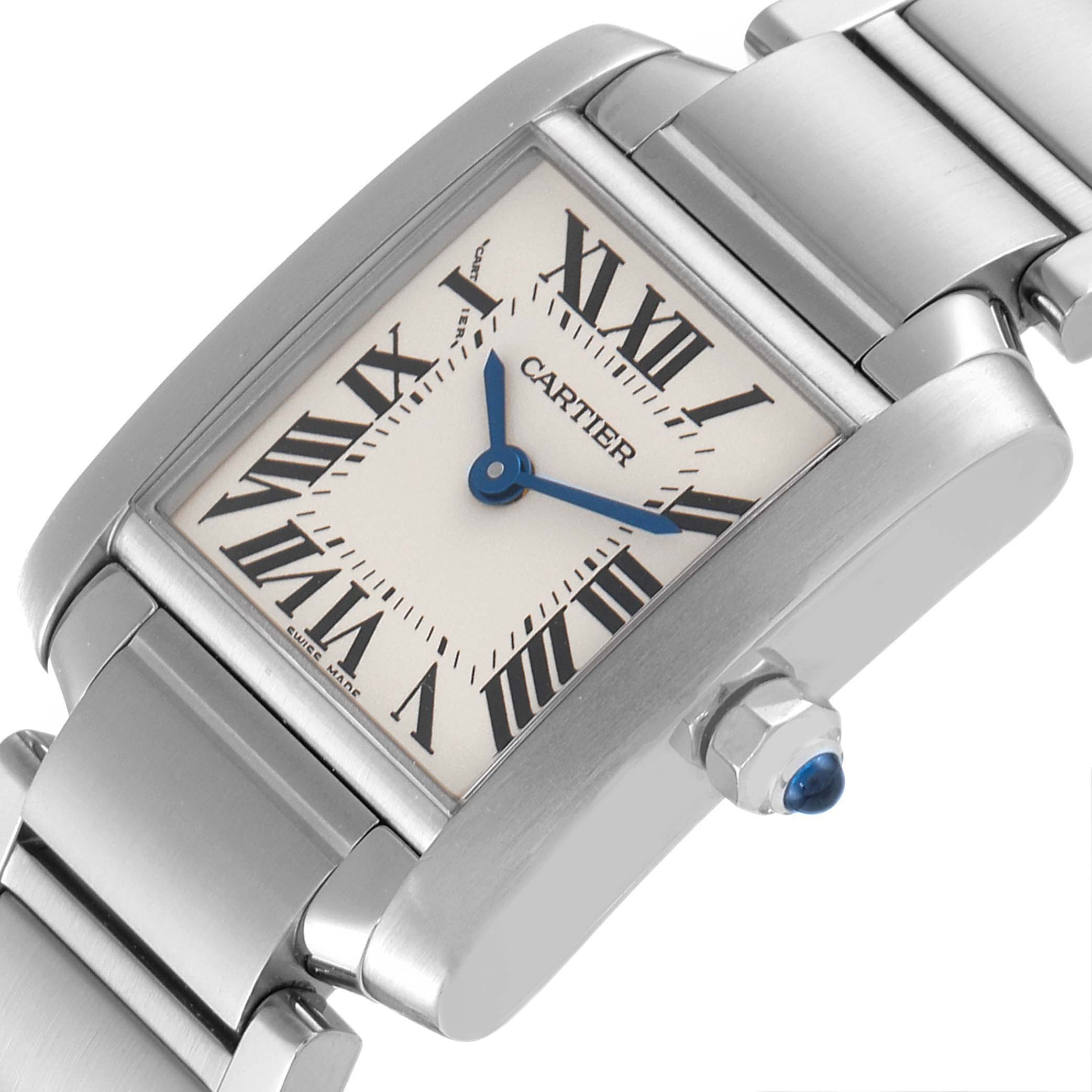 The image shows a close-up angle of the Cartier Tank Francaise W51008Q3 Women's Stainless Steel Silver Dial W51008Q3 Women's Stainless Steel Silver Dial watch, displaying the face, crown, and bracelet.