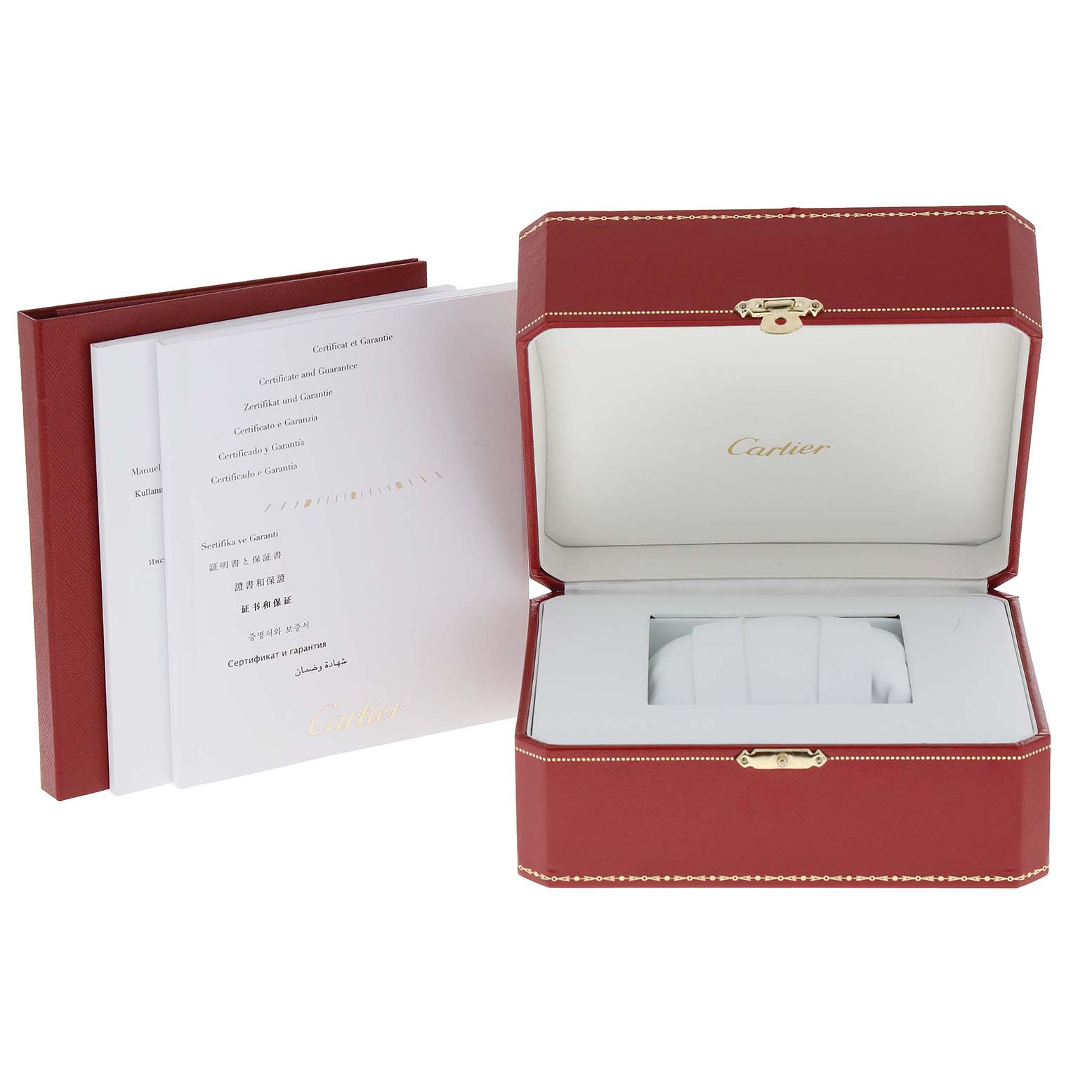 The image shows the packaging and papers for a Cartier Tank Française watch, including the red box and warranty booklets.