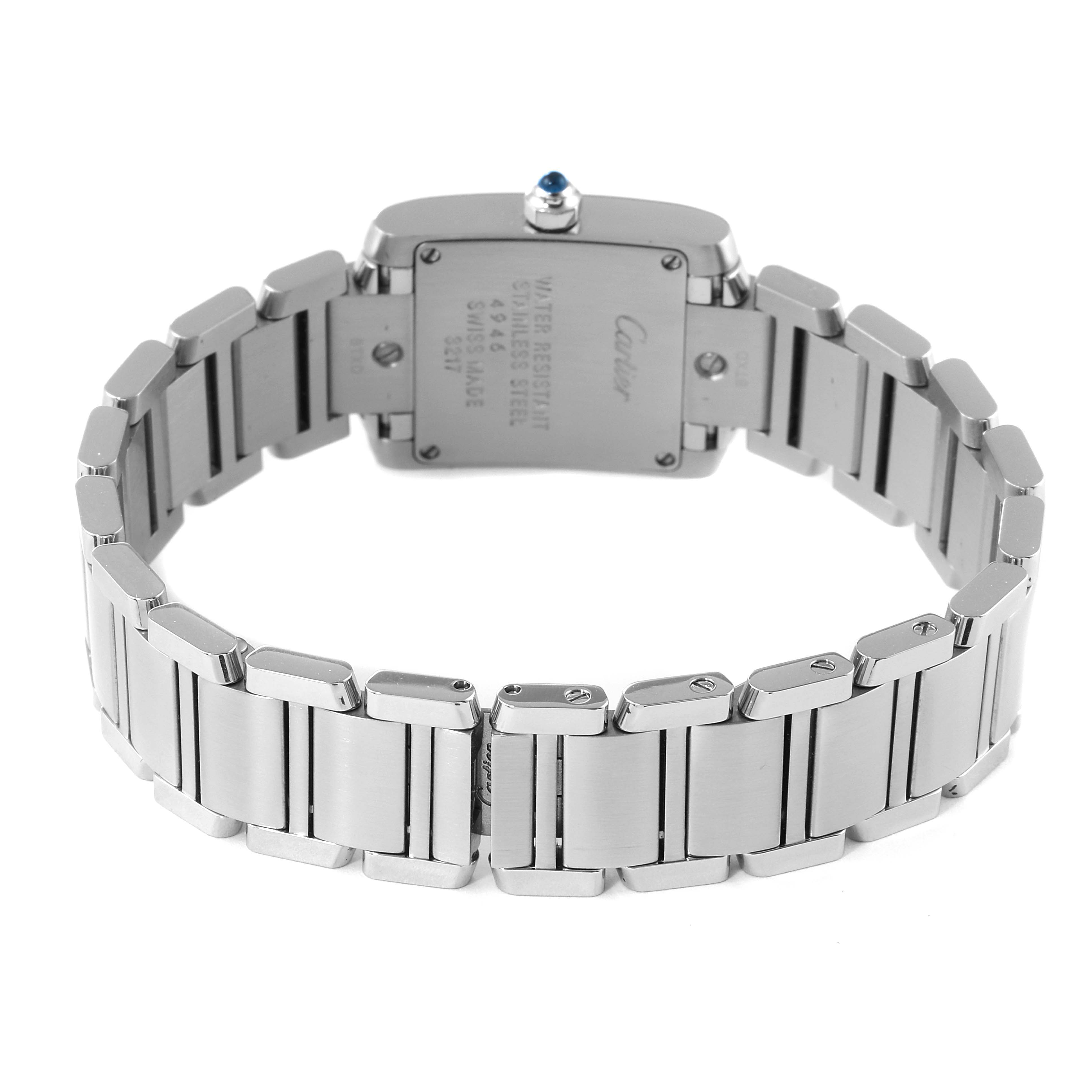 This image shows the back and bracelet of the Cartier Tank Francaise W51008Q3 Women's Stainless Steel Silver Dial W51008Q3 Women's Stainless Steel Silver Dial watch.