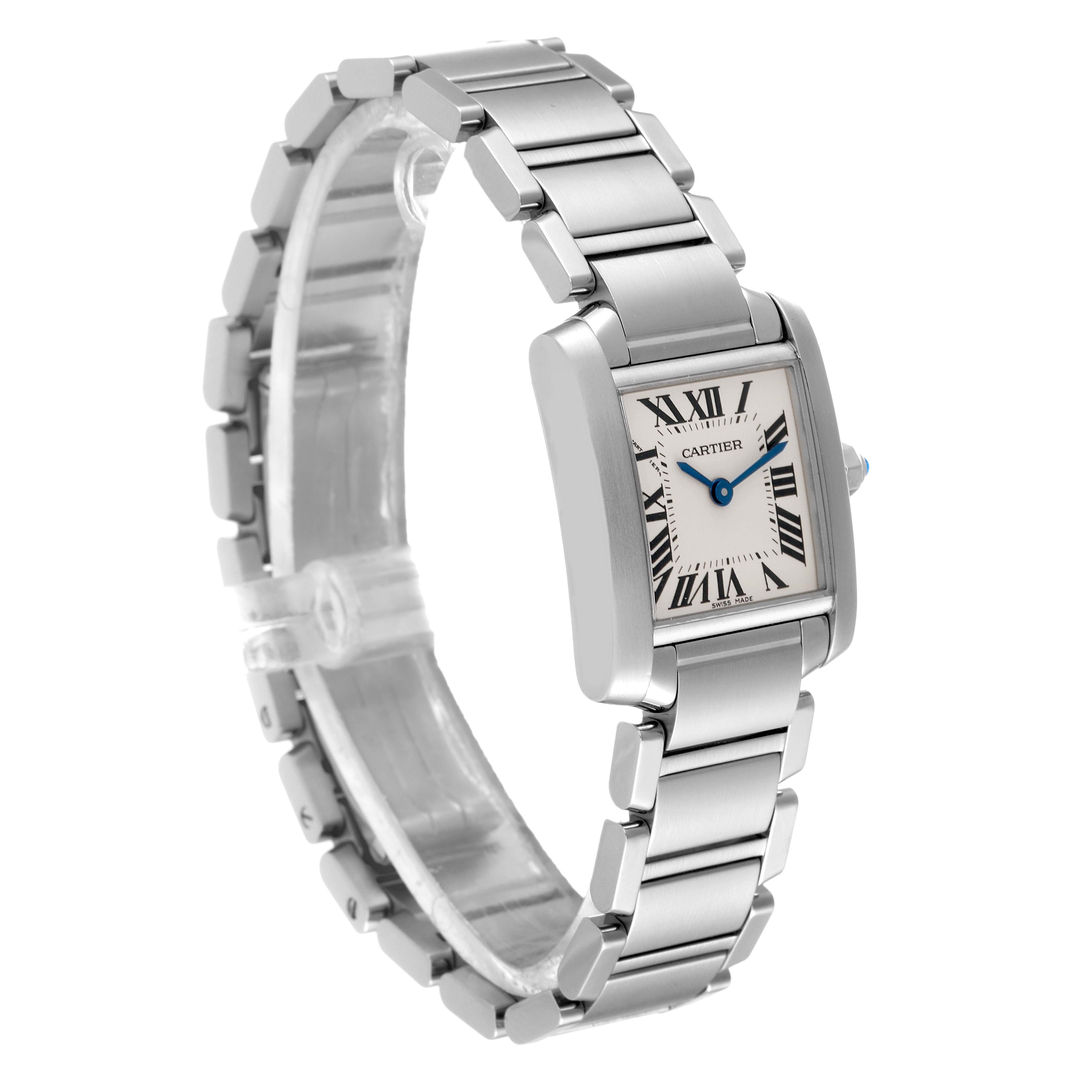 The image shows a Cartier Tank Francaise W51008Q3 Women's Stainless Steel Silver Dial W51008Q3 Women's Stainless Steel Silver Dial watch from a three-quarter angle, featuring its bracelet, case, and dial.