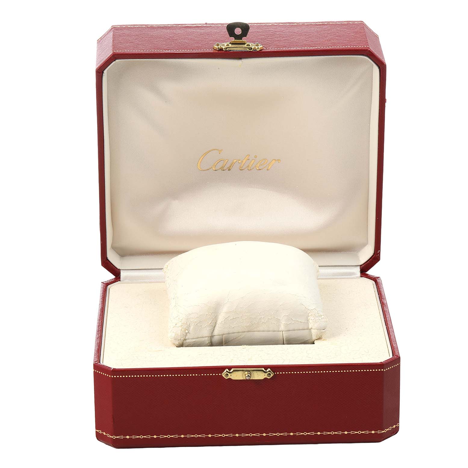 The image shows an open Cartier box for the Tank Francaise model, featuring a pillow insert inside.