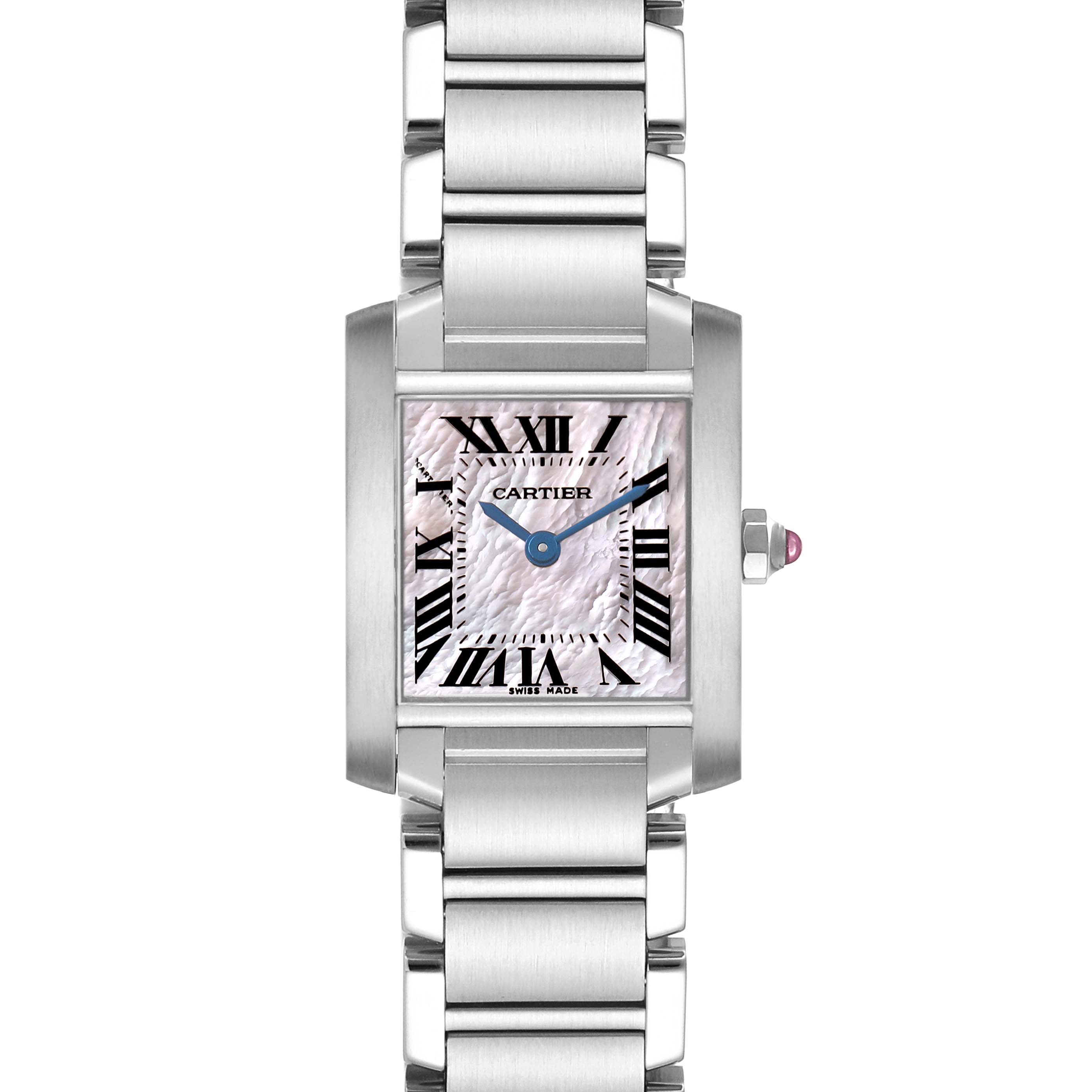 The Cartier Tank Française watch is shown from the front, displaying the face, Roman numerals, hands, and metal bracelet.