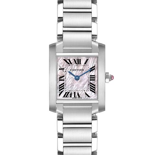 The Cartier Tank Francaise W51028Q3 Women's Stainless Steel Mother of Pearl Dial watch is shown from the front, featuring a stainless steel bracelet and Roman numeral dial.
