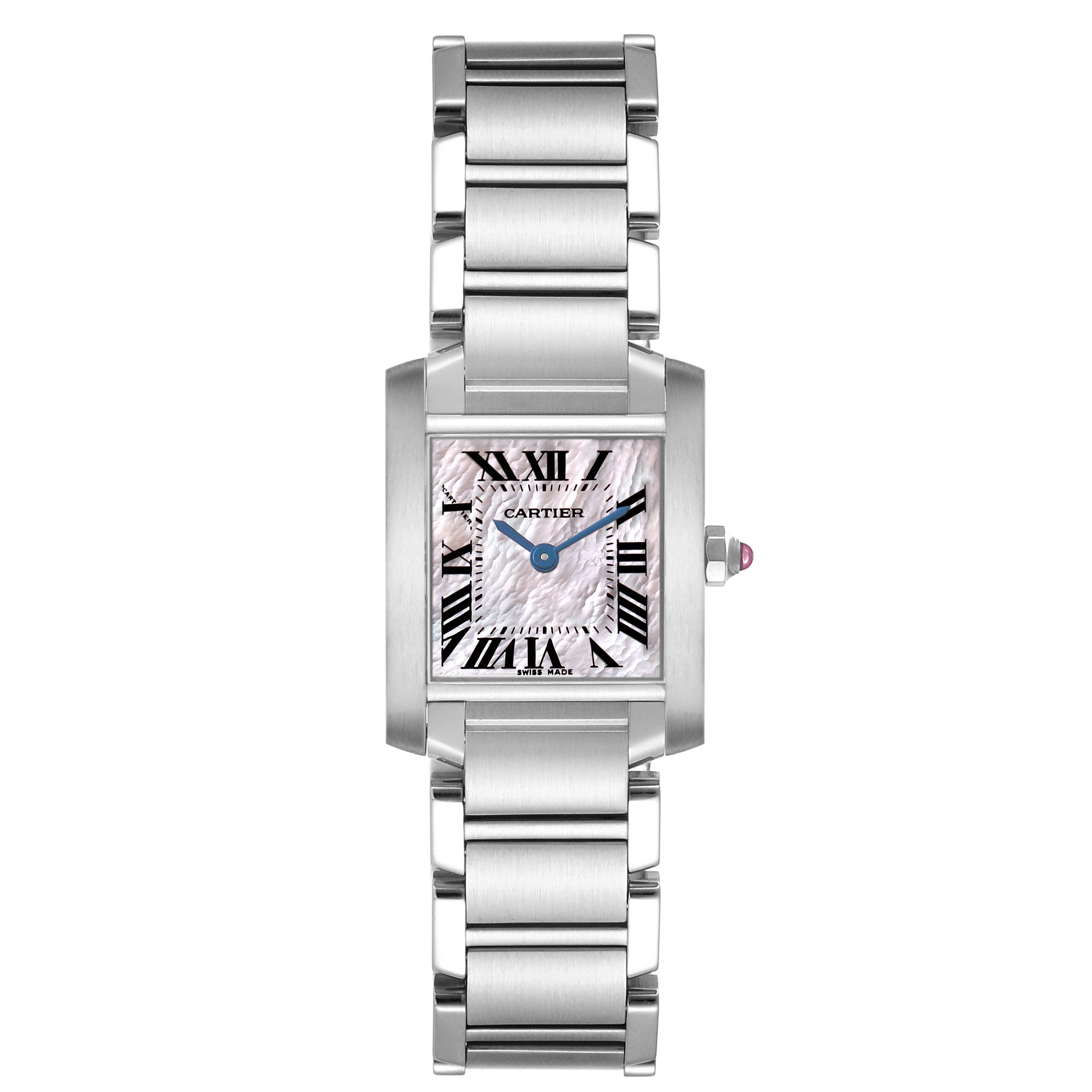 The Cartier Tank Francaise W51028Q3 Women's Stainless Steel Mother of Pearl Dial watch is shown from a front angle, highlighting its face, stainless steel bracelet, and crown.