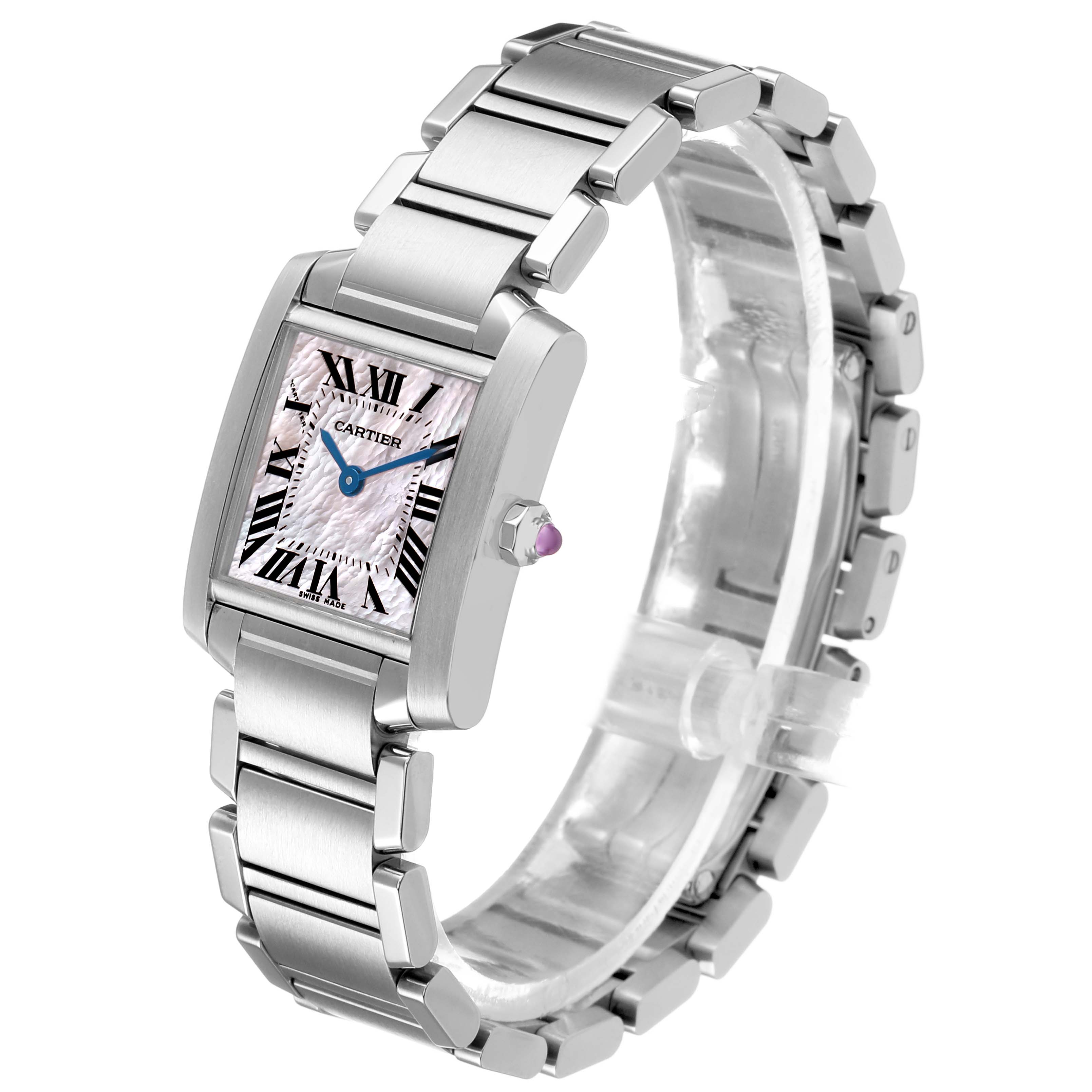 The Cartier Tank Francaise W51028Q3 Women's Stainless Steel Mother of Pearl Dial watch is shown at a three-quarter angle, highlighting its face, bracelet, and side crown.