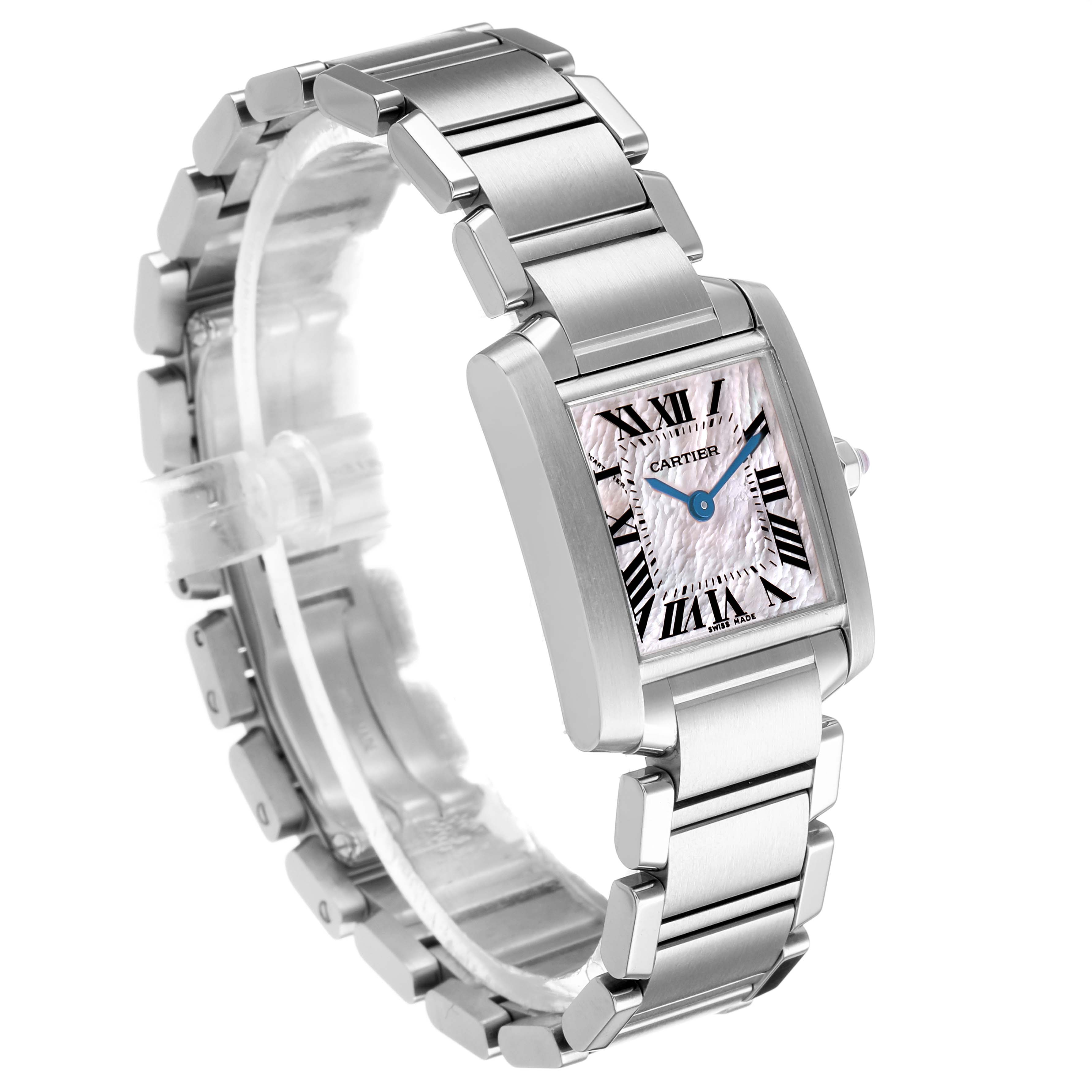 The Cartier Tank Francaise W51028Q3 Women's Stainless Steel Mother of Pearl Dial watch is shown at a three-quarter angle, highlighting its rectangular face and metal bracelet.