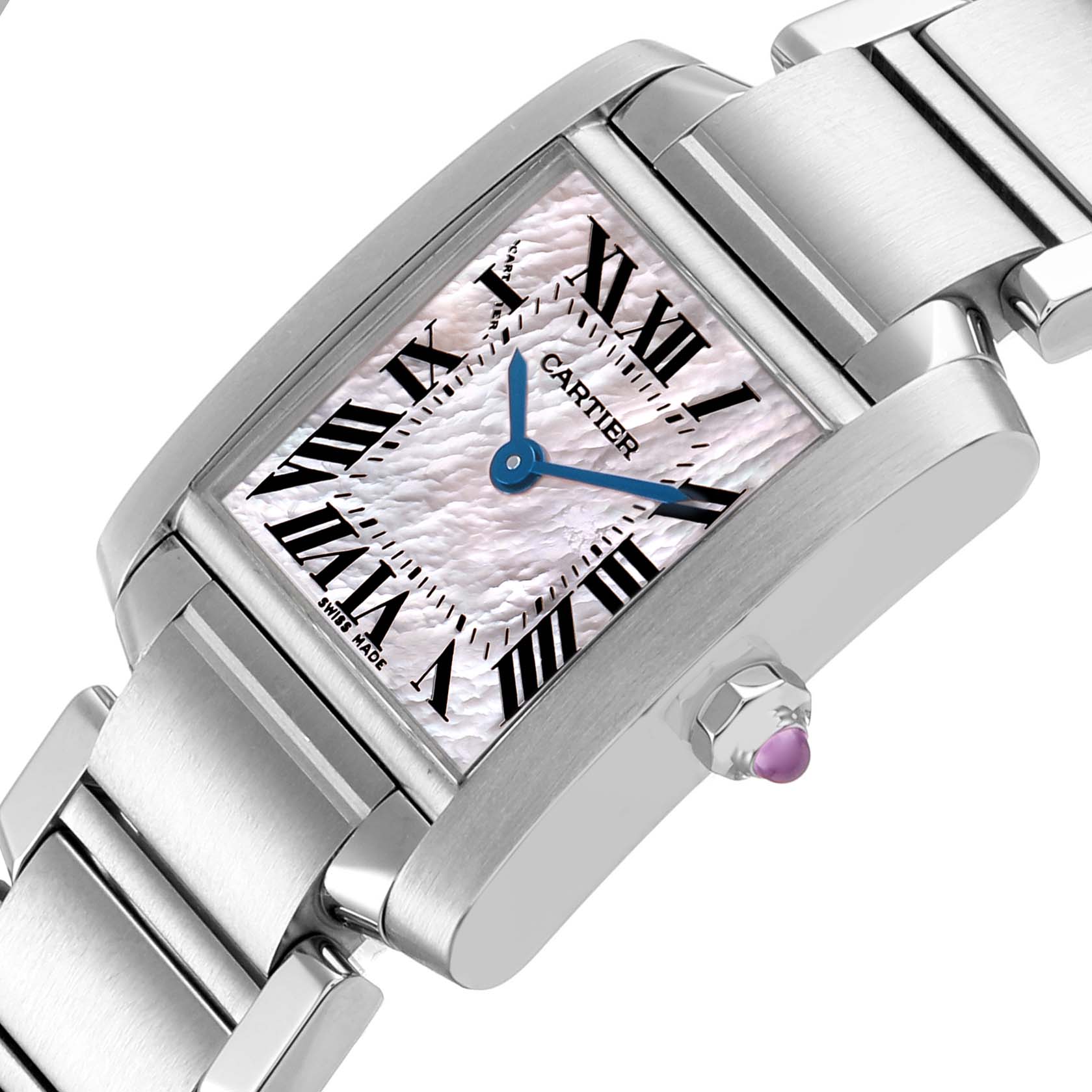 The Cartier Tank Française watch is shown at an angle, highlighting its rectangular face, Roman numerals, and bracelet.