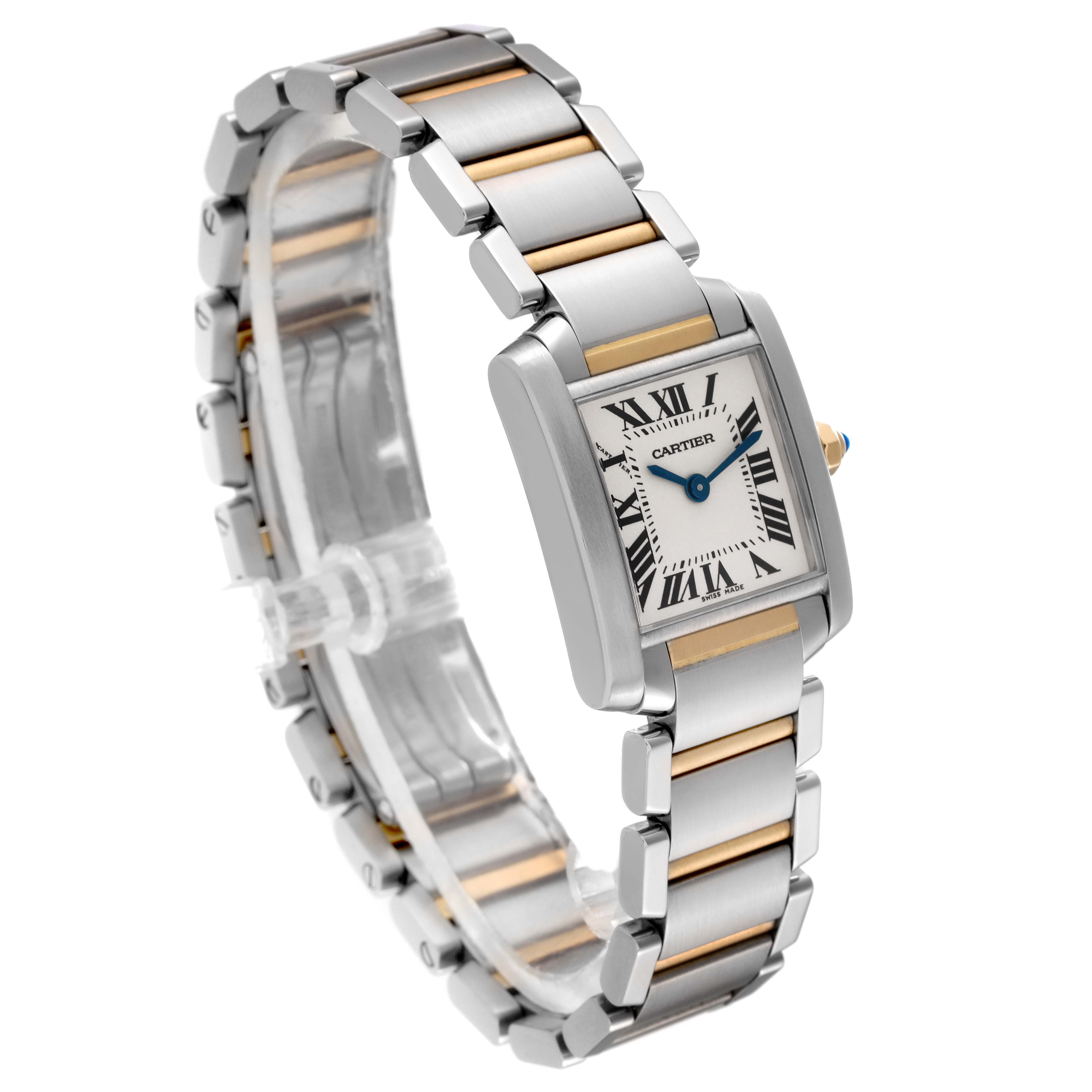 The Cartier Tank Francaise W51007Q4 Women
s Stainless Steel Silver Dial W51007Q4 Women
s Stainless Steel Silver Dial watch is shown at a front-left angle, displaying its face, bracelet, and clasp.