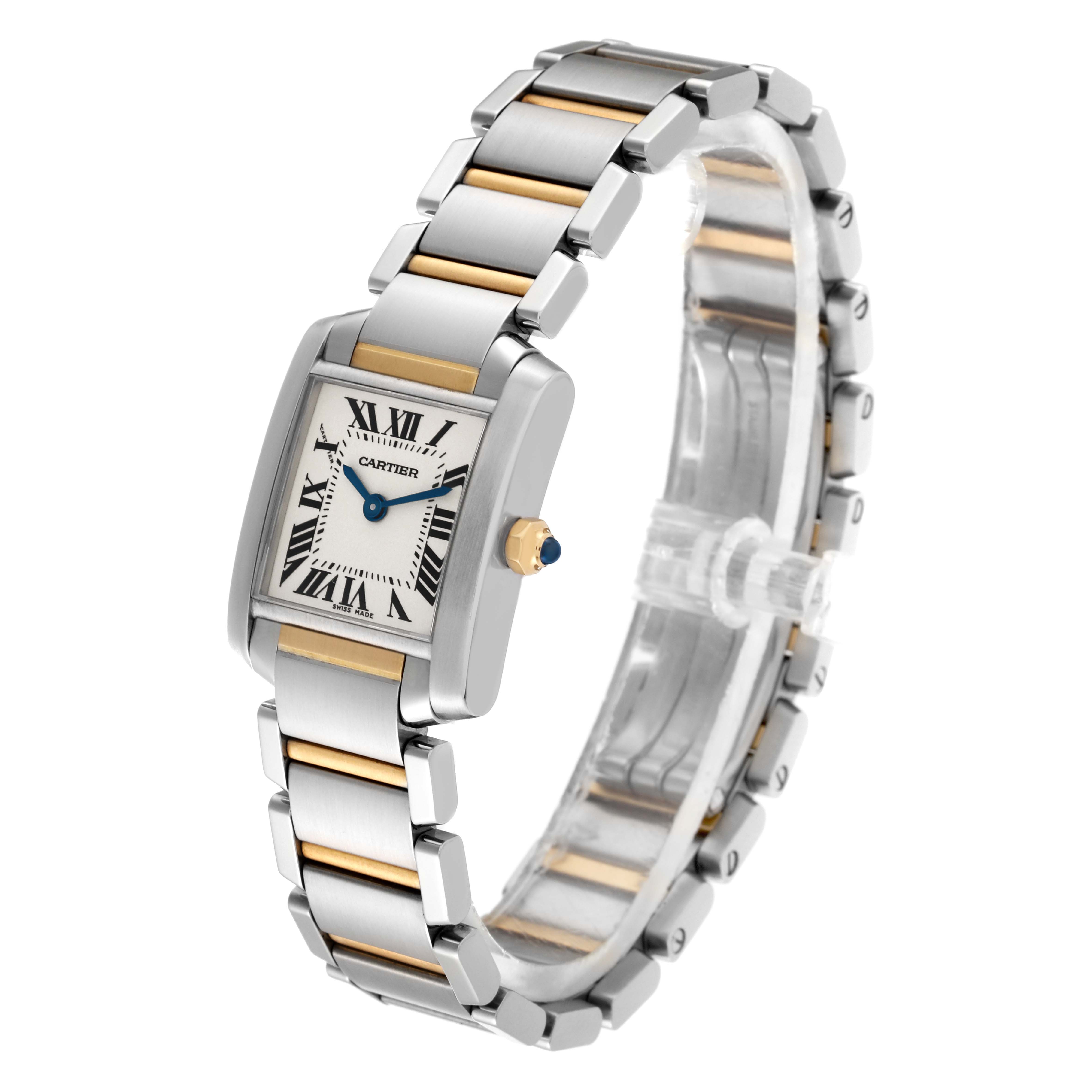 The image shows a Cartier Tank Française watch at a slight side angle, highlighting the face, crown, and bracelet.
