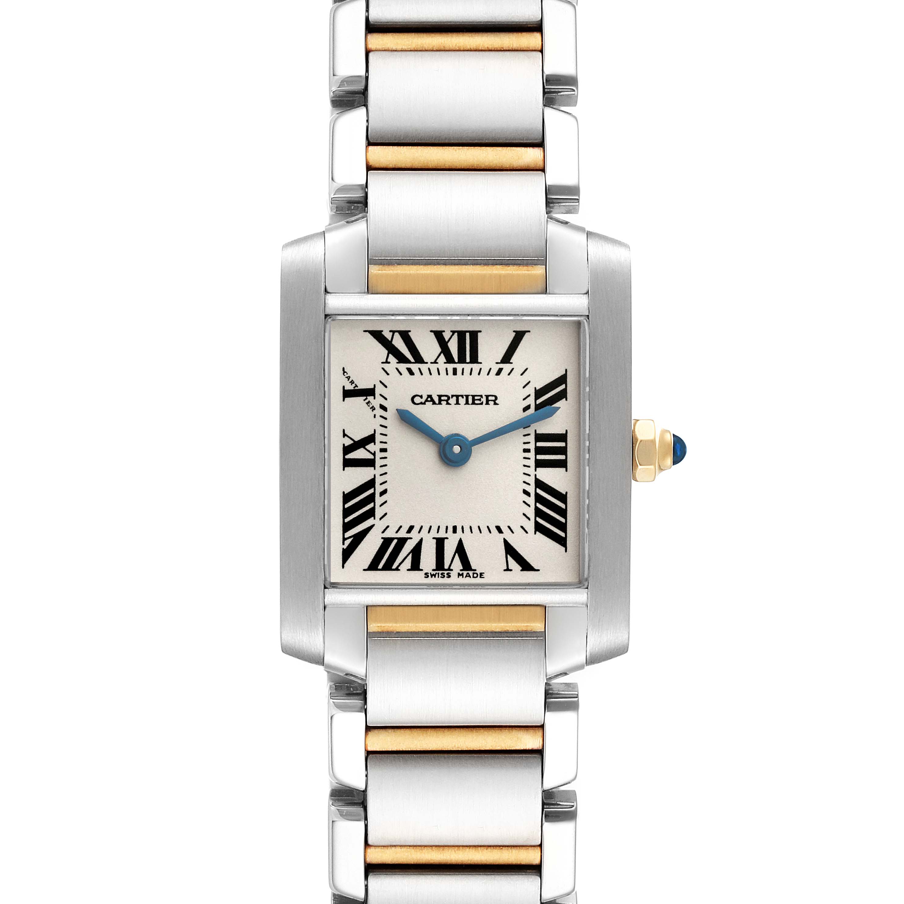 This image shows a front view of a Cartier Tank Francaise W51007Q4 Women
s Stainless Steel Silver Dial W51007Q4 Women
s Stainless Steel Silver Dial watch, displaying its face, bezel, crown, and bracelet.