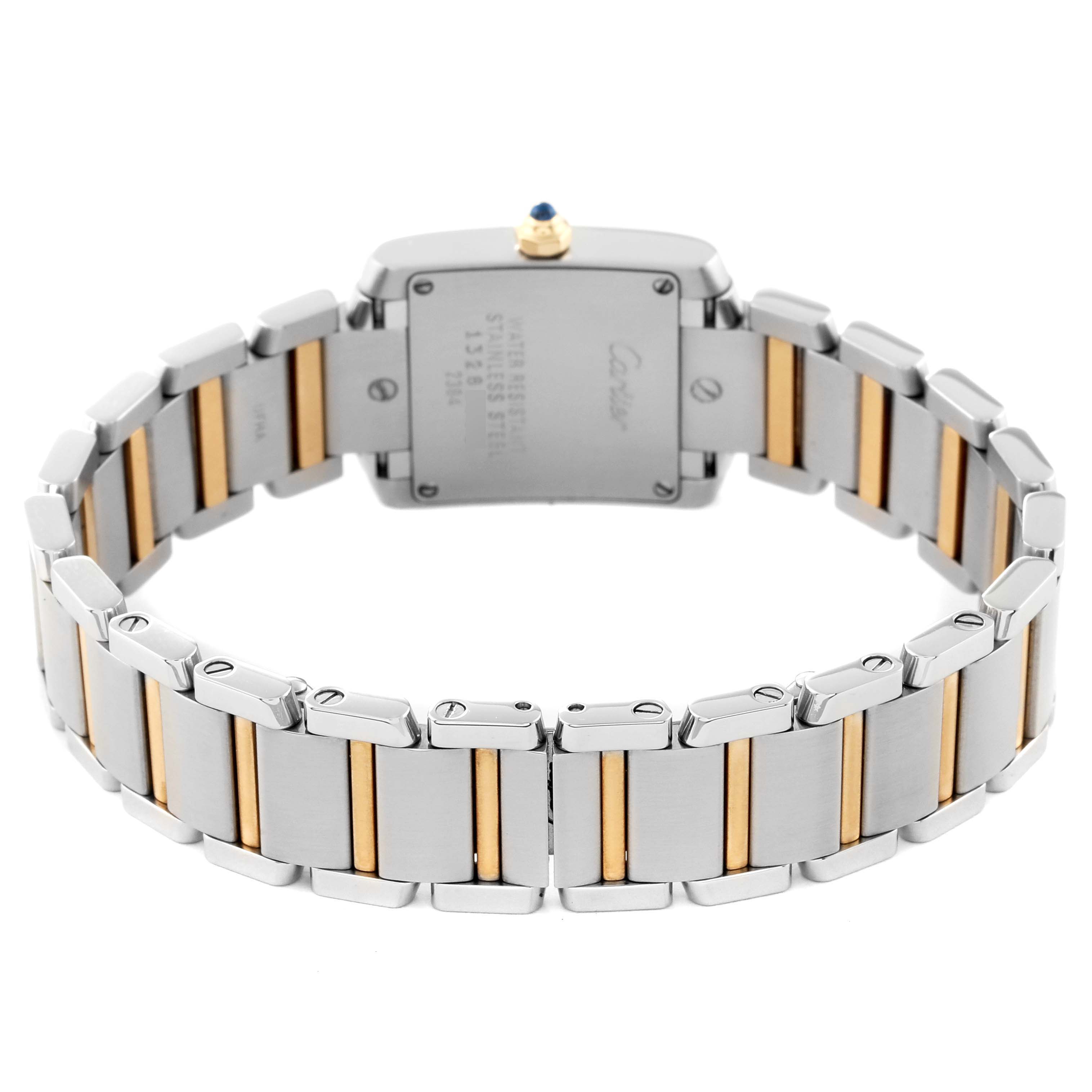 This image shows the backside and bracelet of the Cartier Tank Francaise W51007Q4 Women
s Stainless Steel Silver Dial W51007Q4 Women
s Stainless Steel Silver Dial watch, highlighting its bicolor metal links.