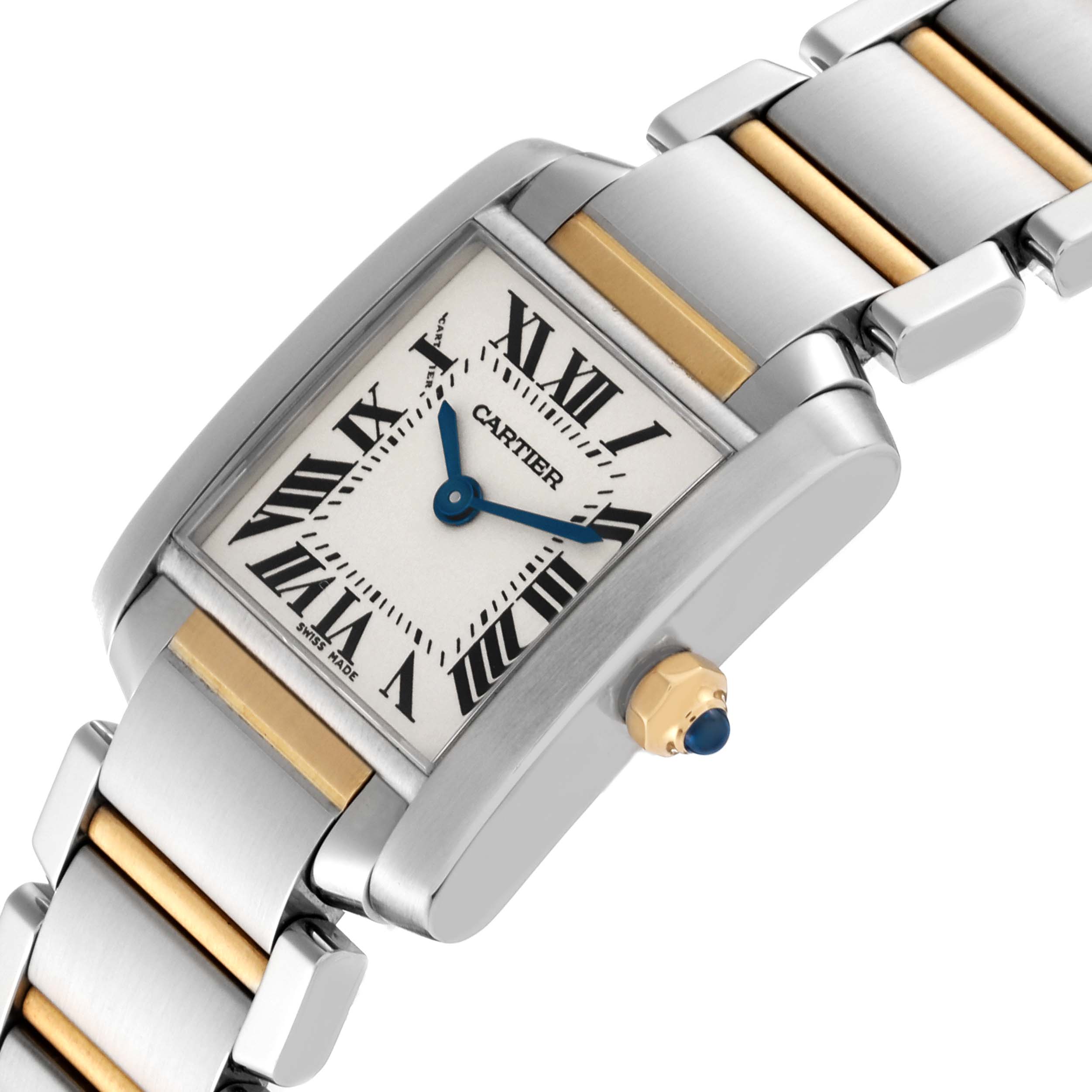This image shows a close-up angle of the Cartier Tank Francaise W51007Q4 Women
s Stainless Steel Silver Dial W51007Q4 Women
s Stainless Steel Silver Dial watch, highlighting its face, crown, and bracelet.