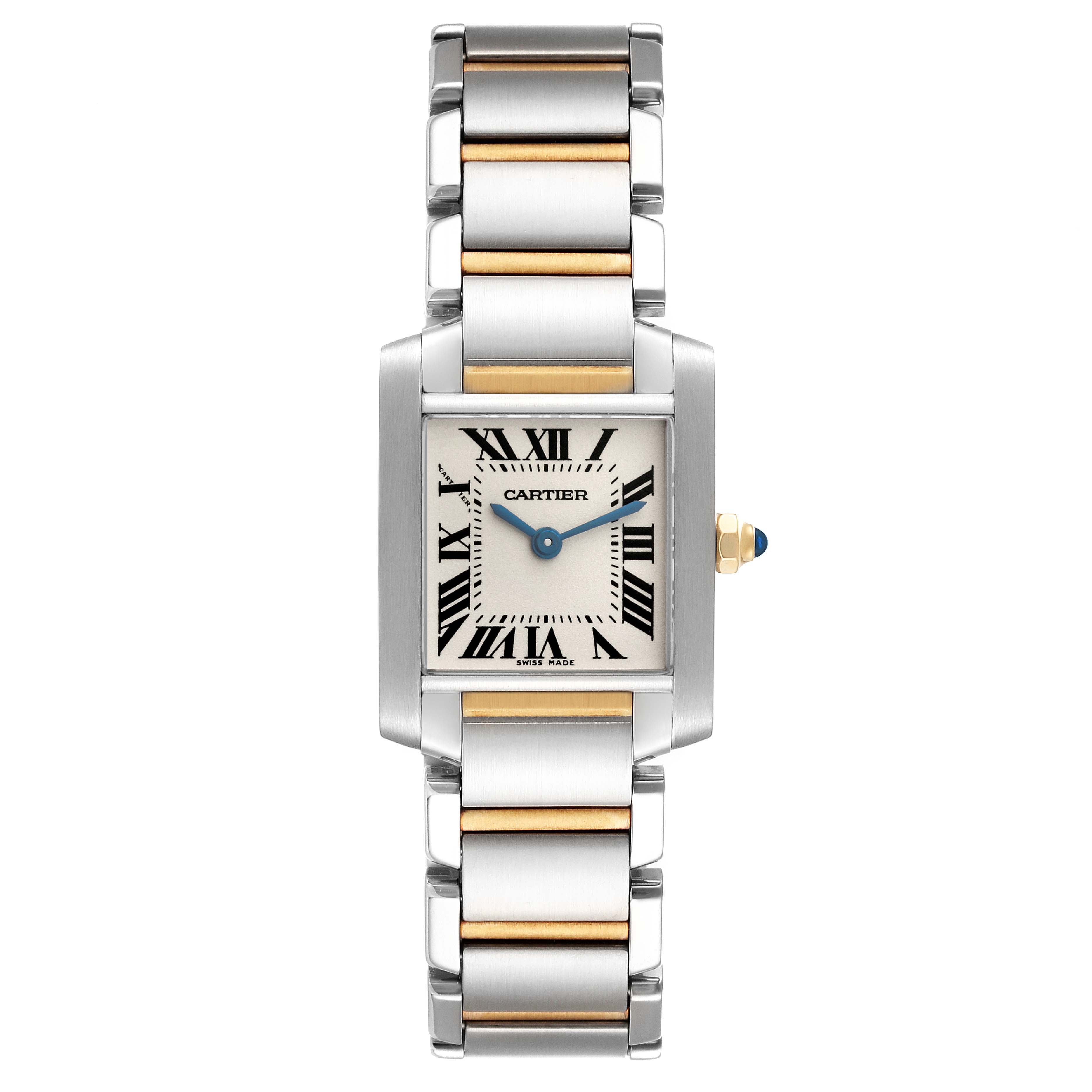 The image shows a frontal view of a Cartier Tank Francaise W51007Q4 Women
s Stainless Steel Silver Dial W51007Q4 Women
s Stainless Steel Silver Dial watch with a metal and gold link bracelet.