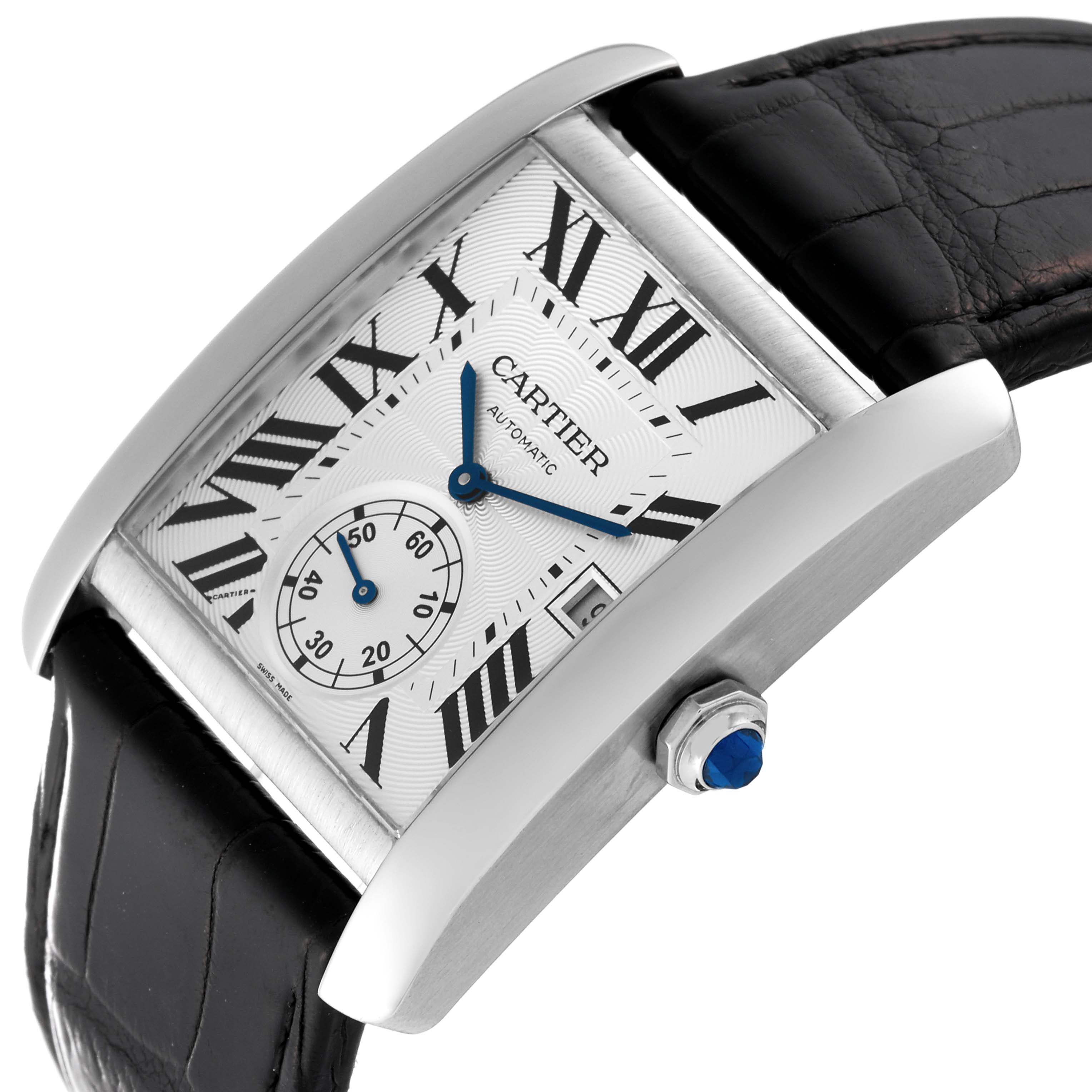The Cartier Tank MC W5330003 Men's Stainless Steel Silver Dial W5330003 Men's Stainless Steel Silver Dial watch is shown at an angled close-up, displaying the face, crown, and part of the leather strap.