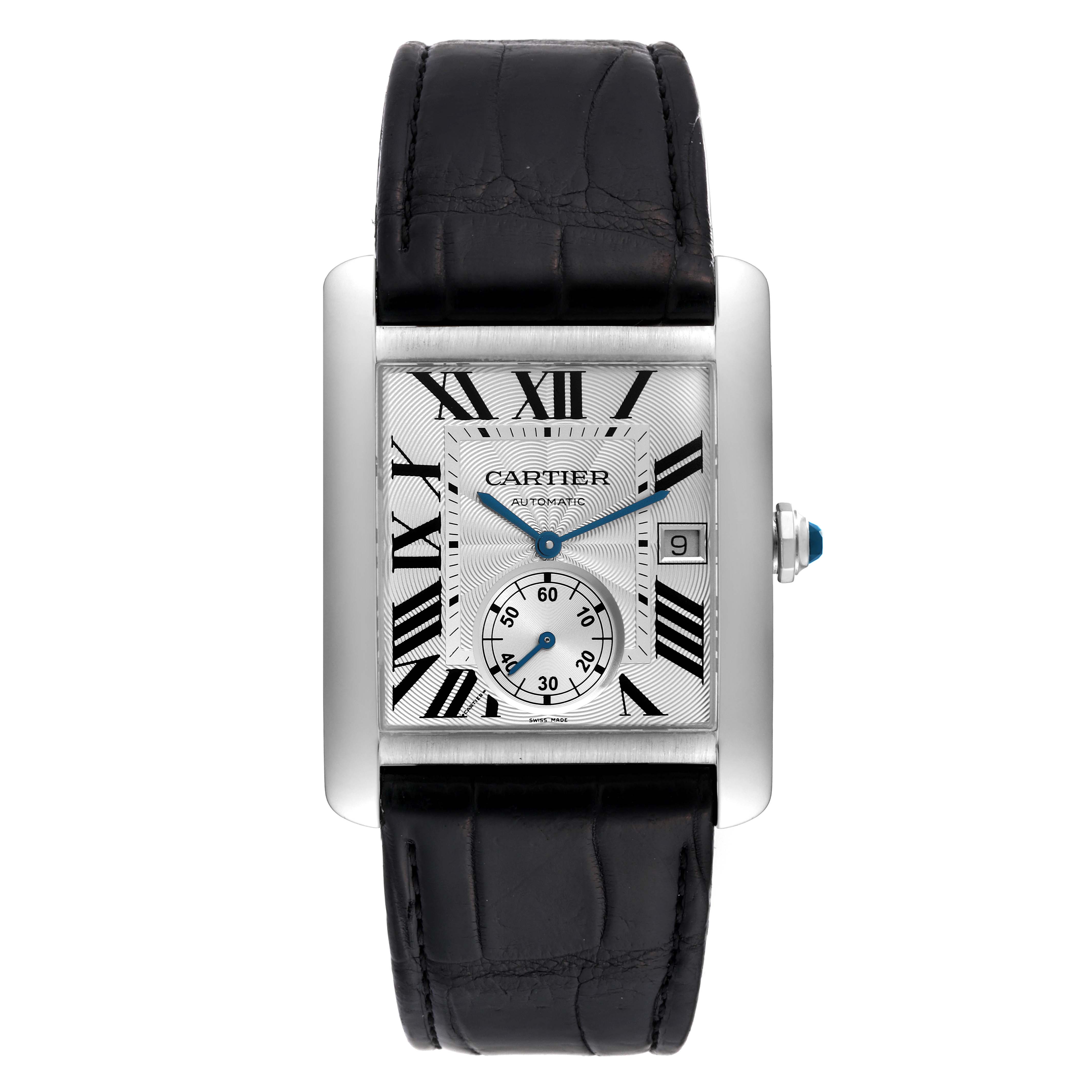 The image shows a front view of the Cartier Tank MC W5330003 Men's Stainless Steel Silver Dial W5330003 Men's Stainless Steel Silver Dial watch with a black leather strap and silver rectangular dial.