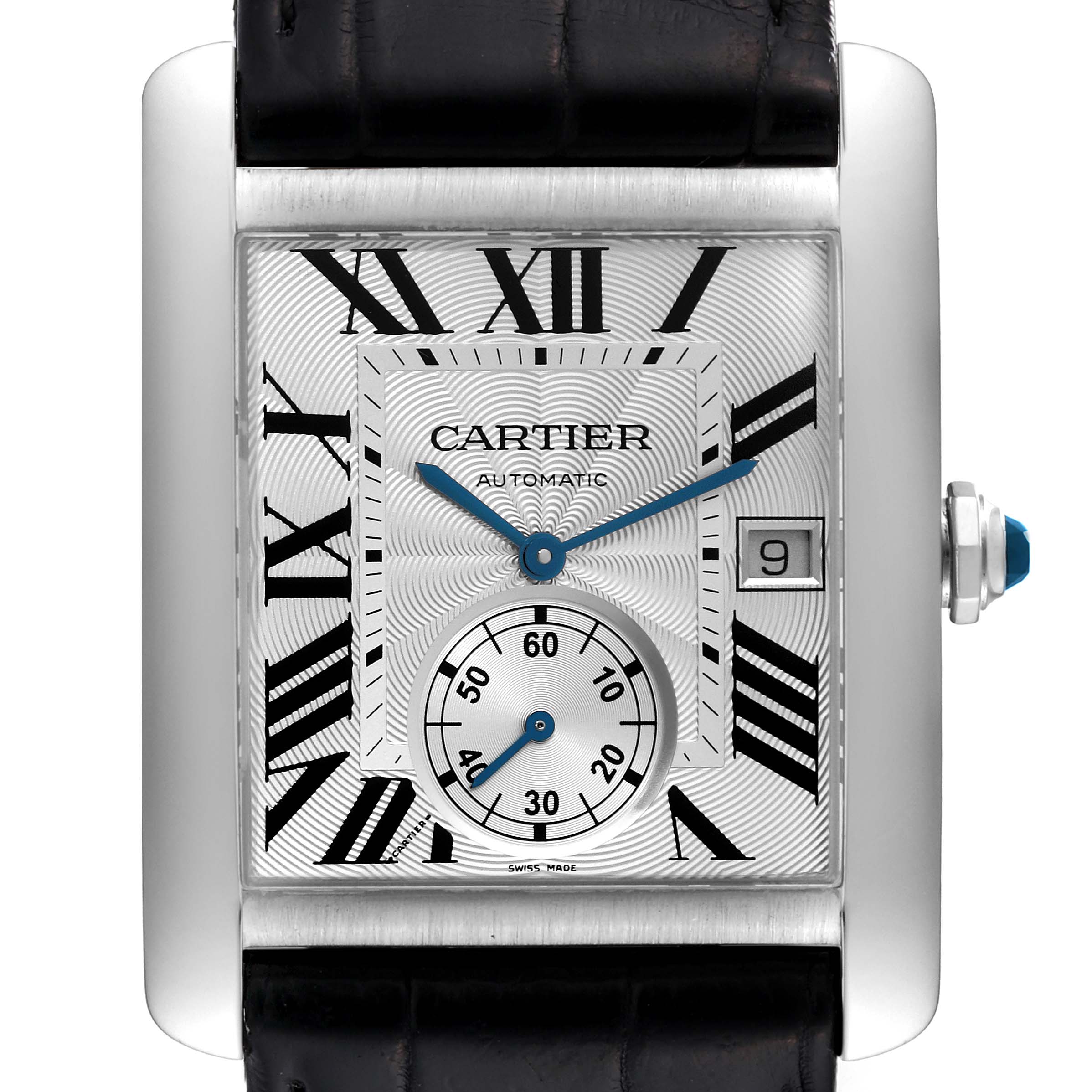 The image shows a front view of the Cartier Tank MC W5330003 Men's Stainless Steel Silver Dial W5330003 Men's Stainless Steel Silver Dial watch, displaying its face, Roman numerals, and blue hands.